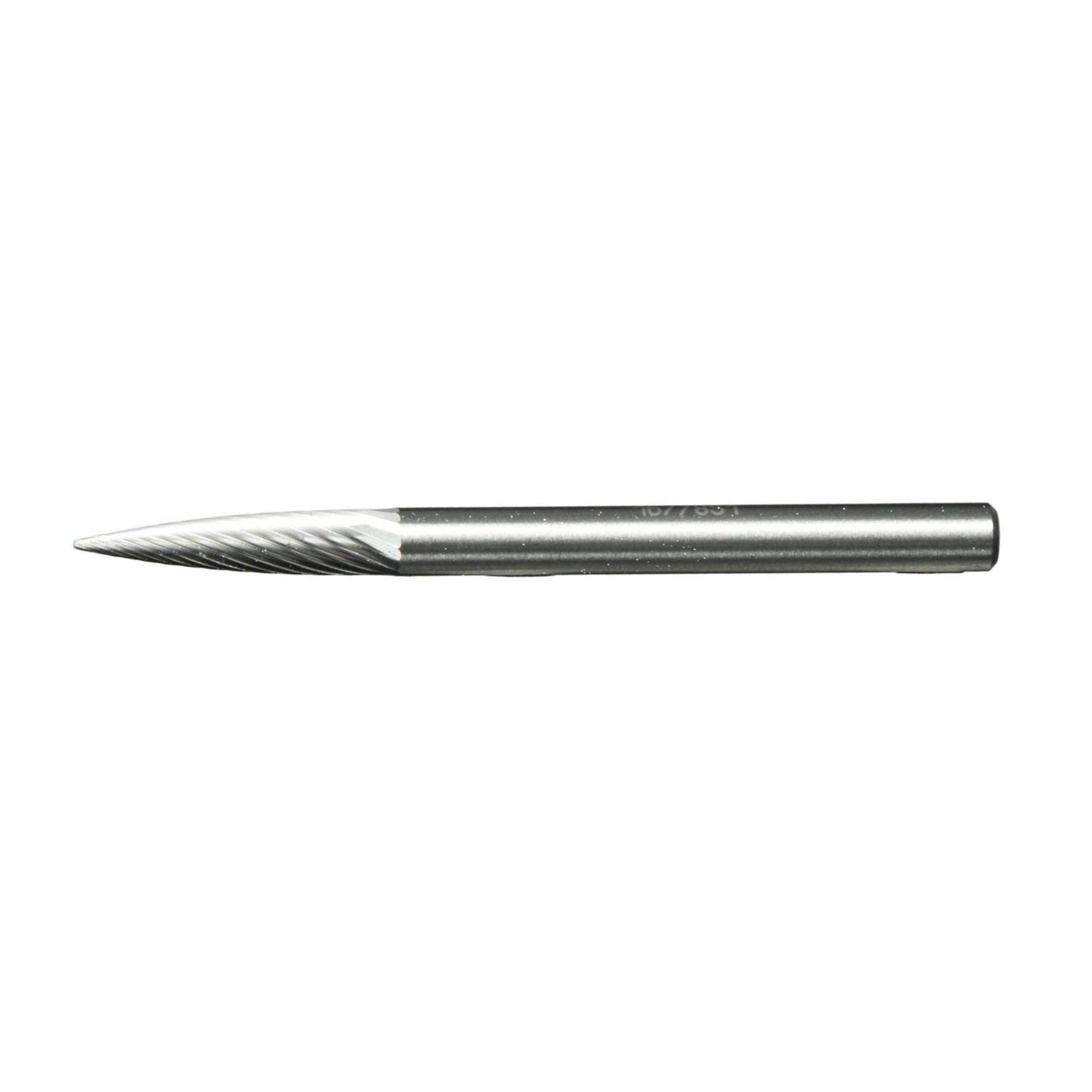 A metal rotary burr with a pointed tip and helical grooves, designed for precision grinding, cutting, and shaping of materials.