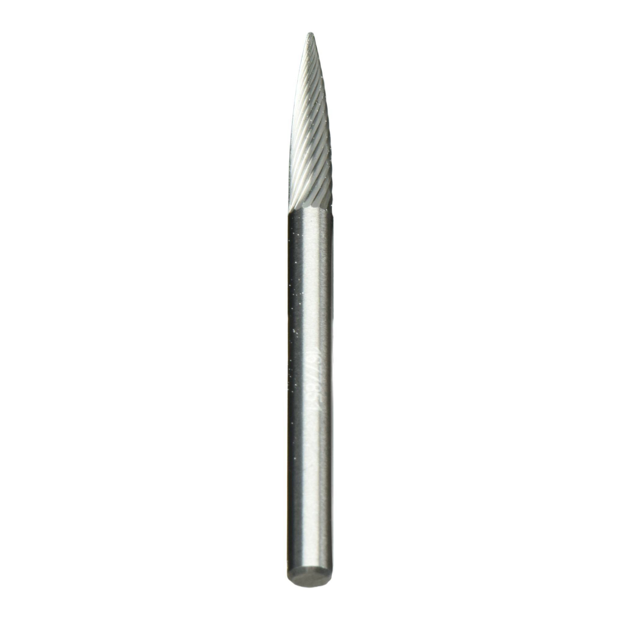 A metal, pointed cylindrical drill bit used for detailed carving or engraving, with a smooth shaft and spiral ridged cutting tip.