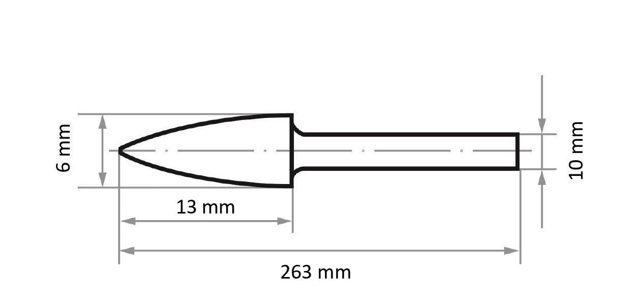 A technical drawing of an arrowhead with dimensions: 263 mm long, 10 mm wide shaft, 13 mm long point, 6 mm wide point at its base.