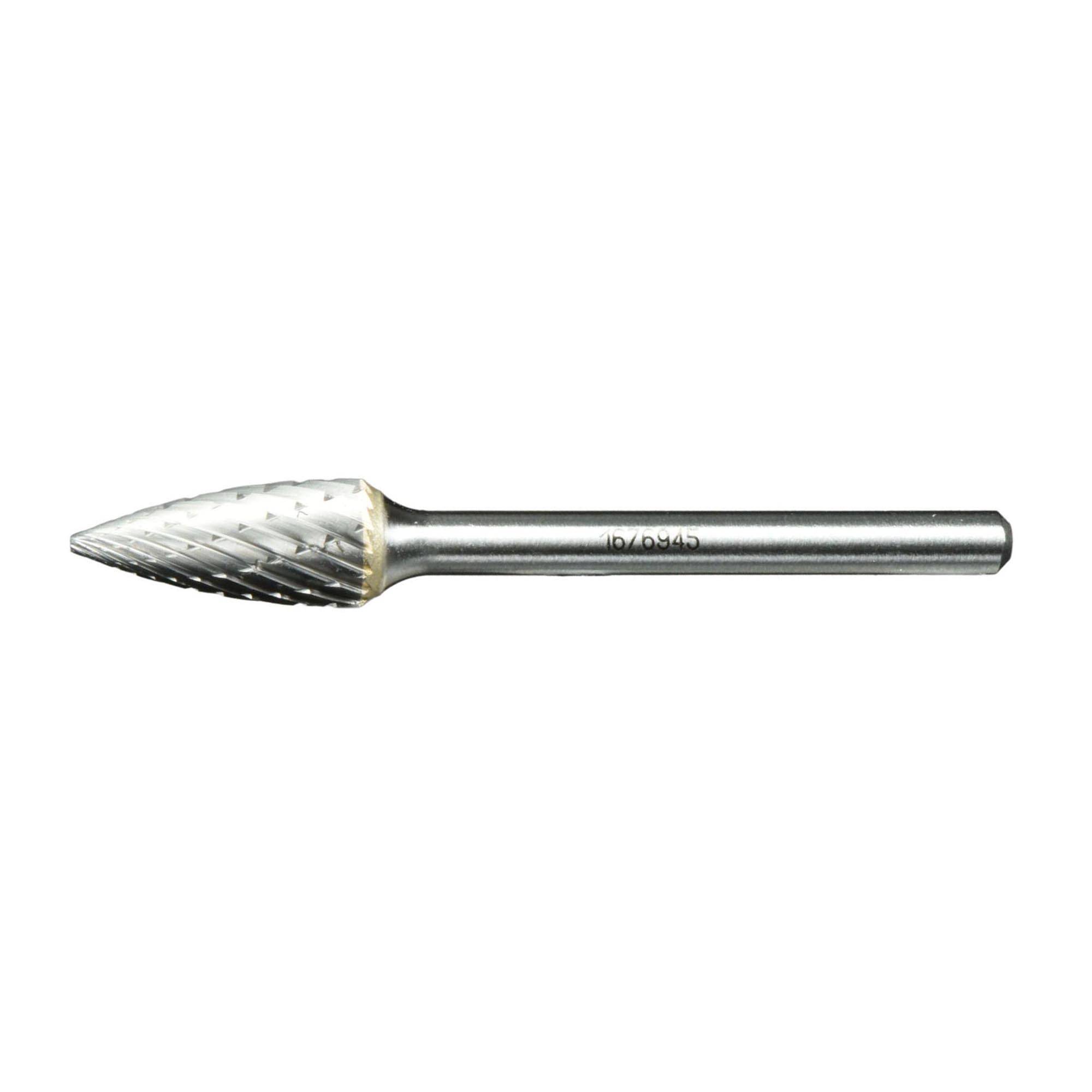 A metal rotary burr tool with a conical shape and textured surface, used for grinding or shaping materials in metalwork and woodworking.