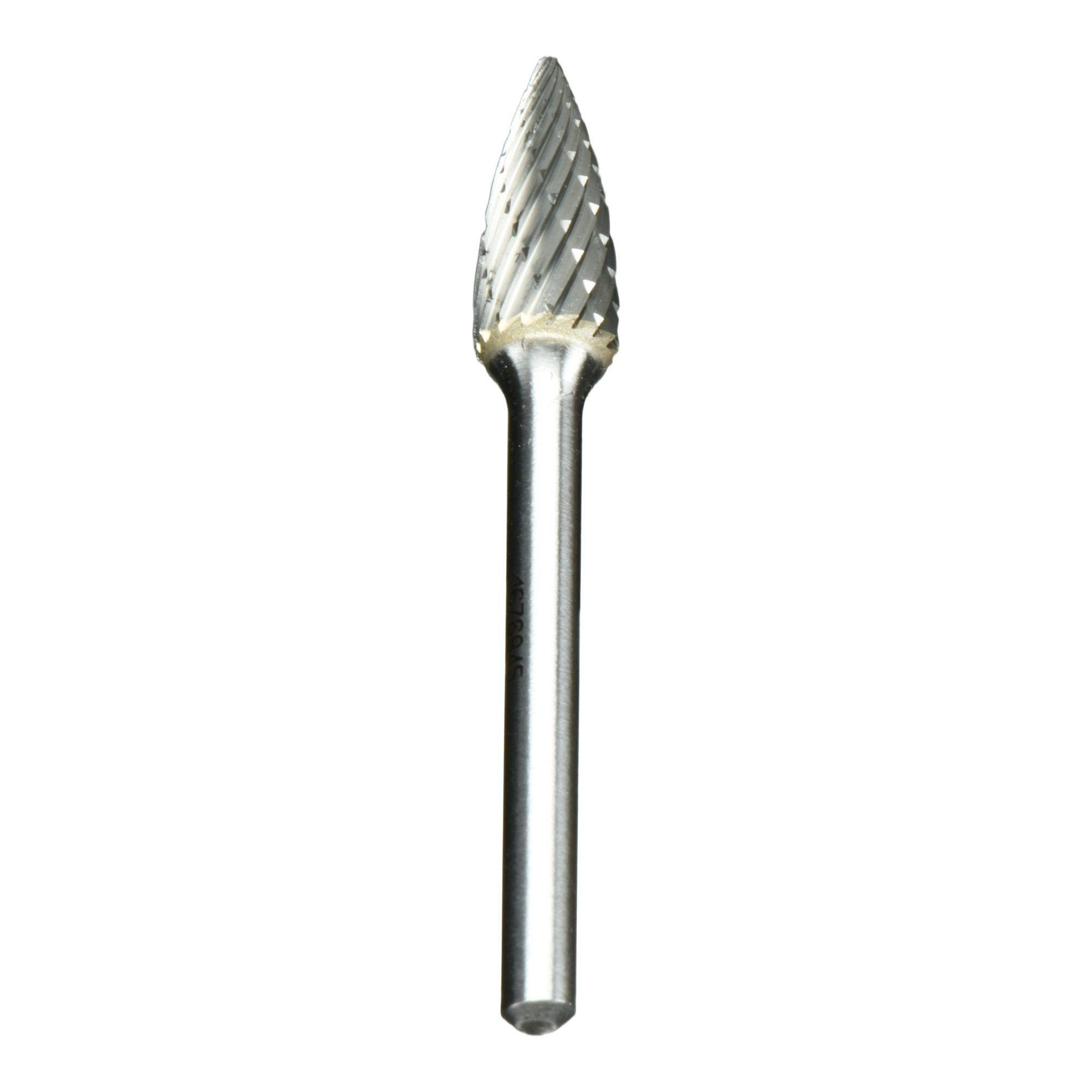 'Tapered rotary burr tool with a conical shape and spiral flutes used for cutting and shaping materials.'
