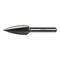 A metal rotary cutting tool with a pointed, spiral-grooved tip, used for precision shaping and cutting in metalworking or carpentry.