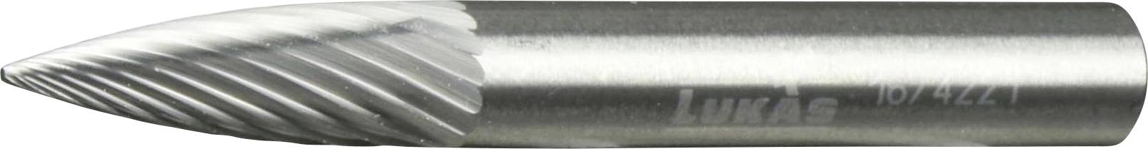 A cylindrical metal tool with a pointed, spiral-fluted end, used for cutting or shaping materials.