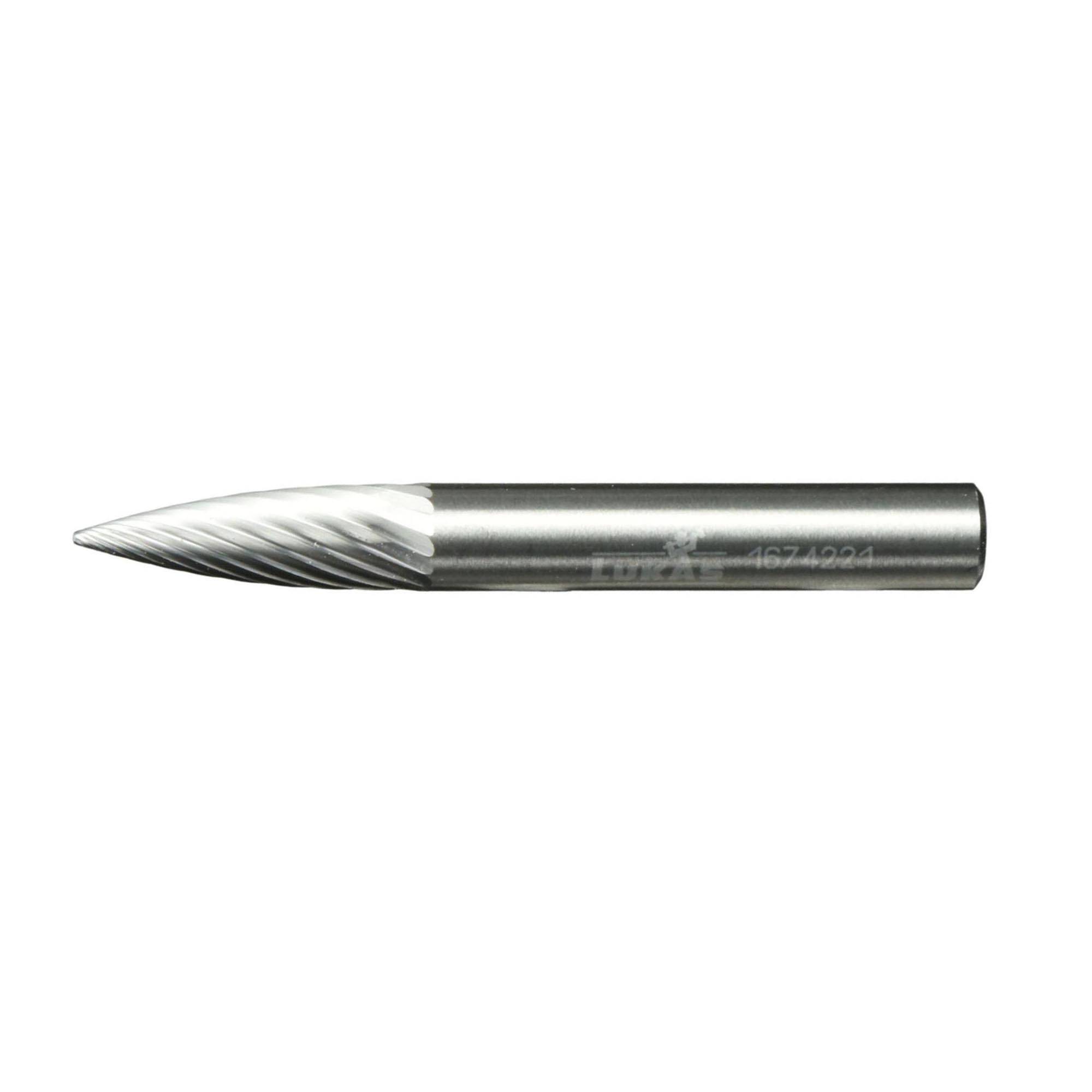 Metallic cylindrical tool with a sharp pointed tip and spiral grooves, used for precise cutting or shaping materials.