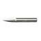 Metallic cylindrical tool with a sharp pointed tip and spiral grooves, used for precise cutting or shaping materials.