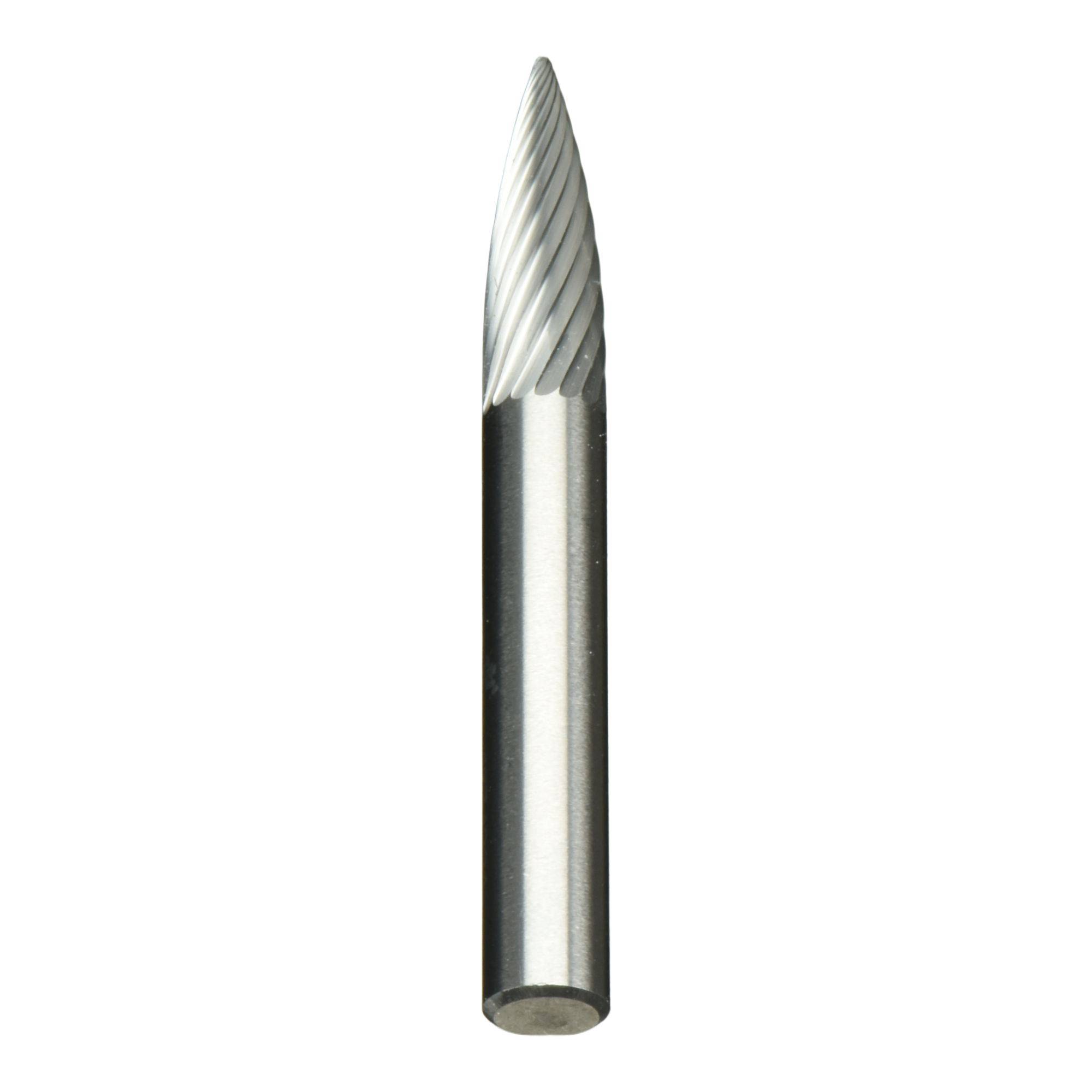 A silver, cone-shaped carbide burr with spiral flutes for precision grinding and shaping metal surfaces.