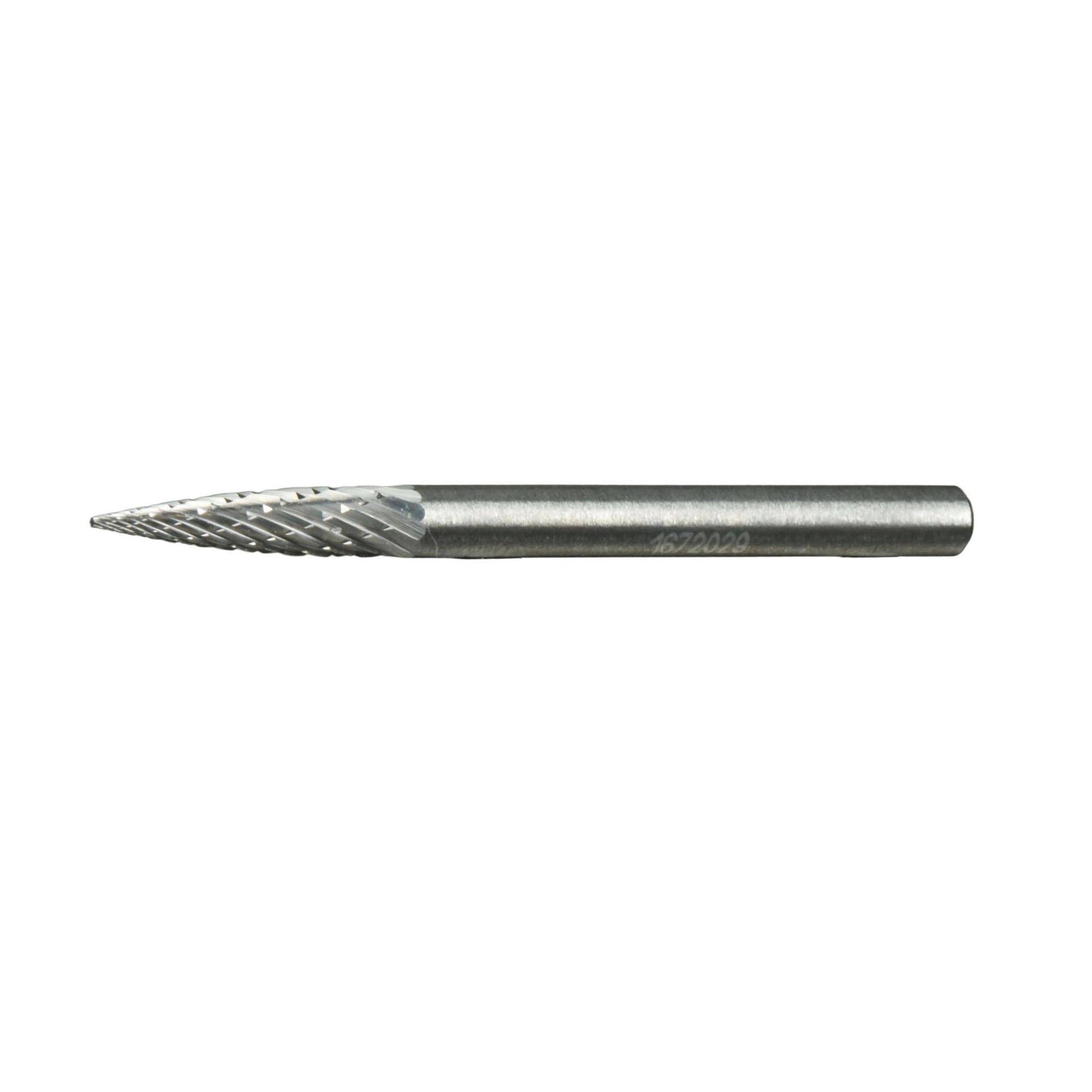 A steel rotary file with a pointed, textured tip, used for precision shaping or cutting in metalworking or woodworking tasks.