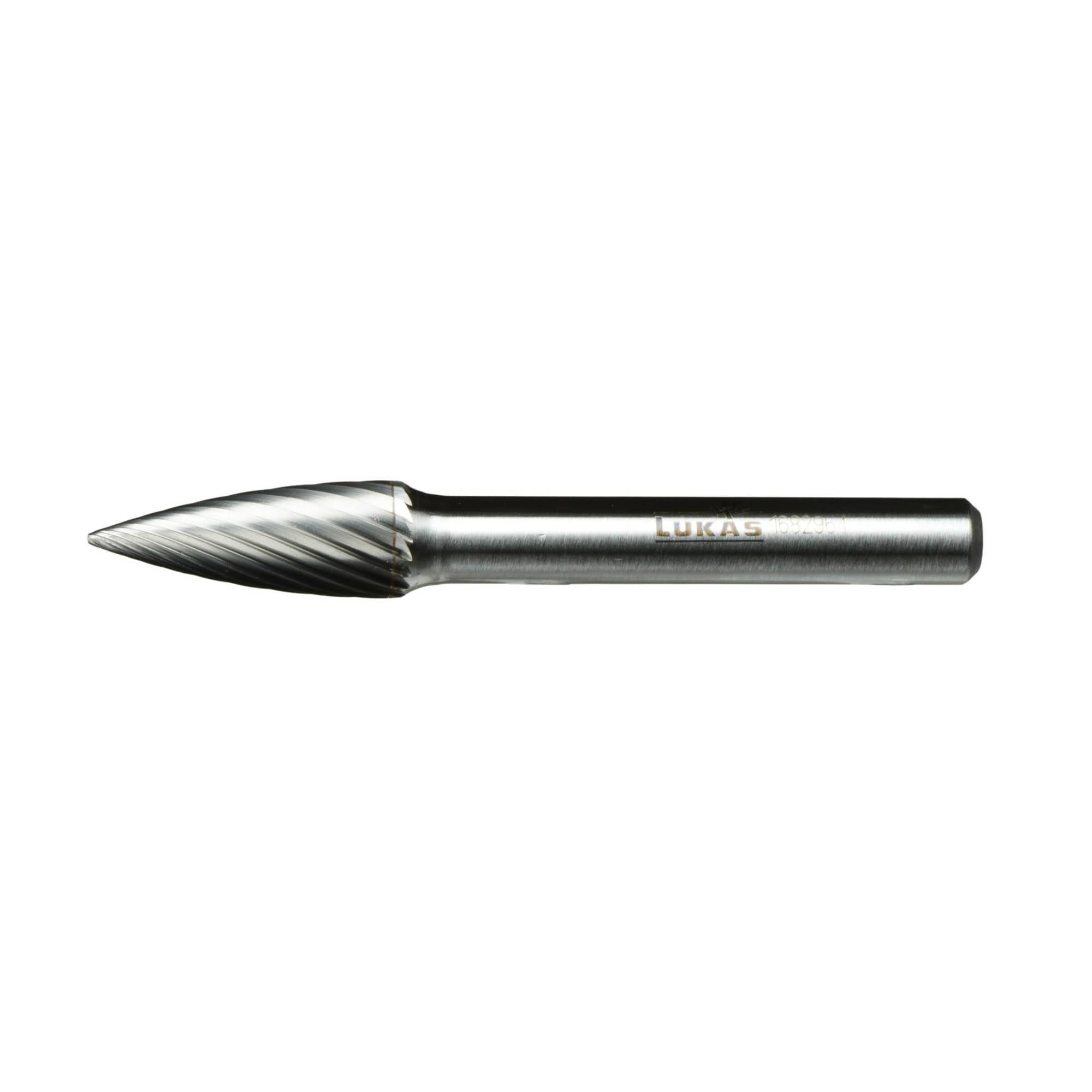 A cylindrical metal tool with a pointed, spiral-patterned tip, designed for grinding or shaping materials, shown against a white background.