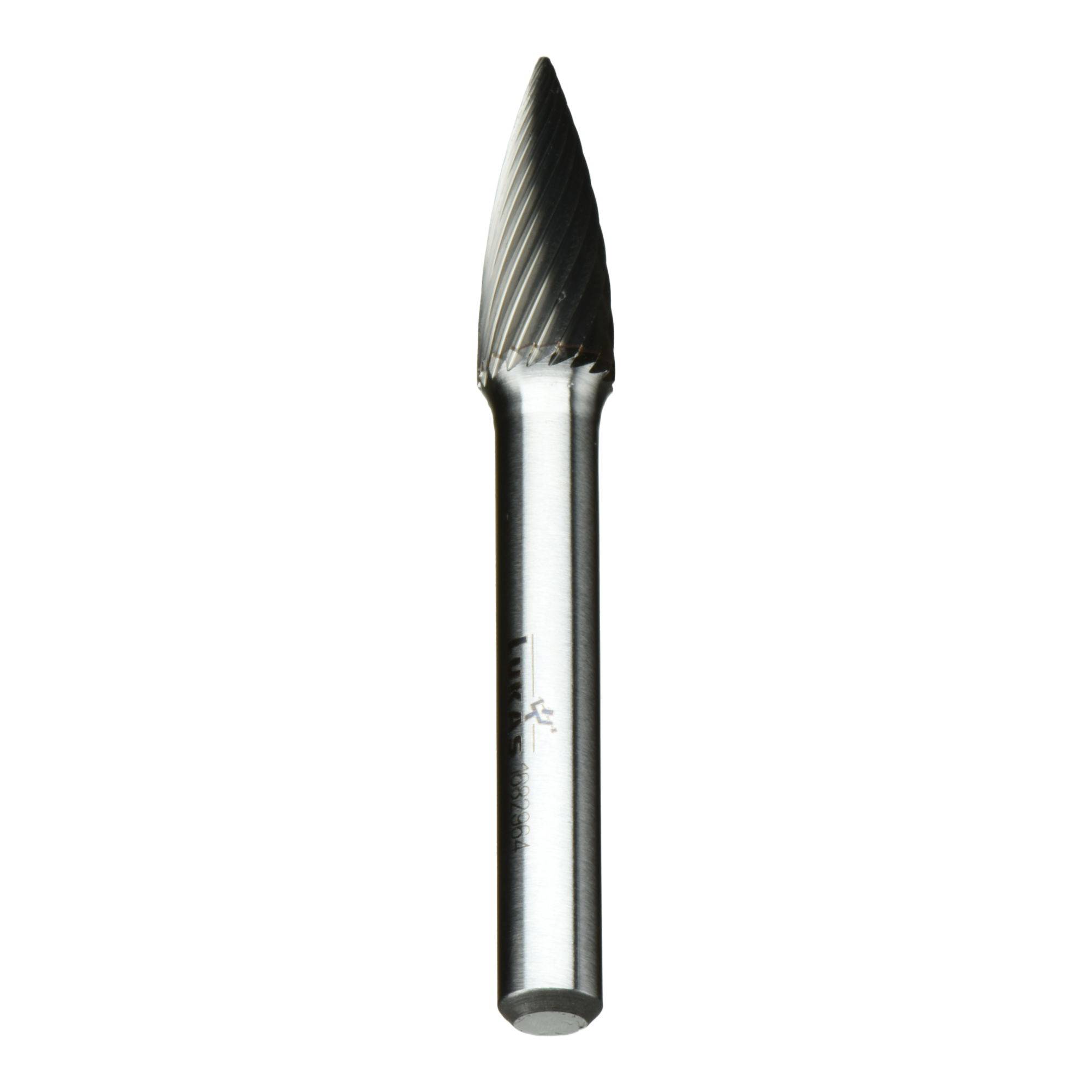 A metal rotary burr tool with a cone-shaped, fluted head, used for precise cutting and shaping of materials in machining and carving.