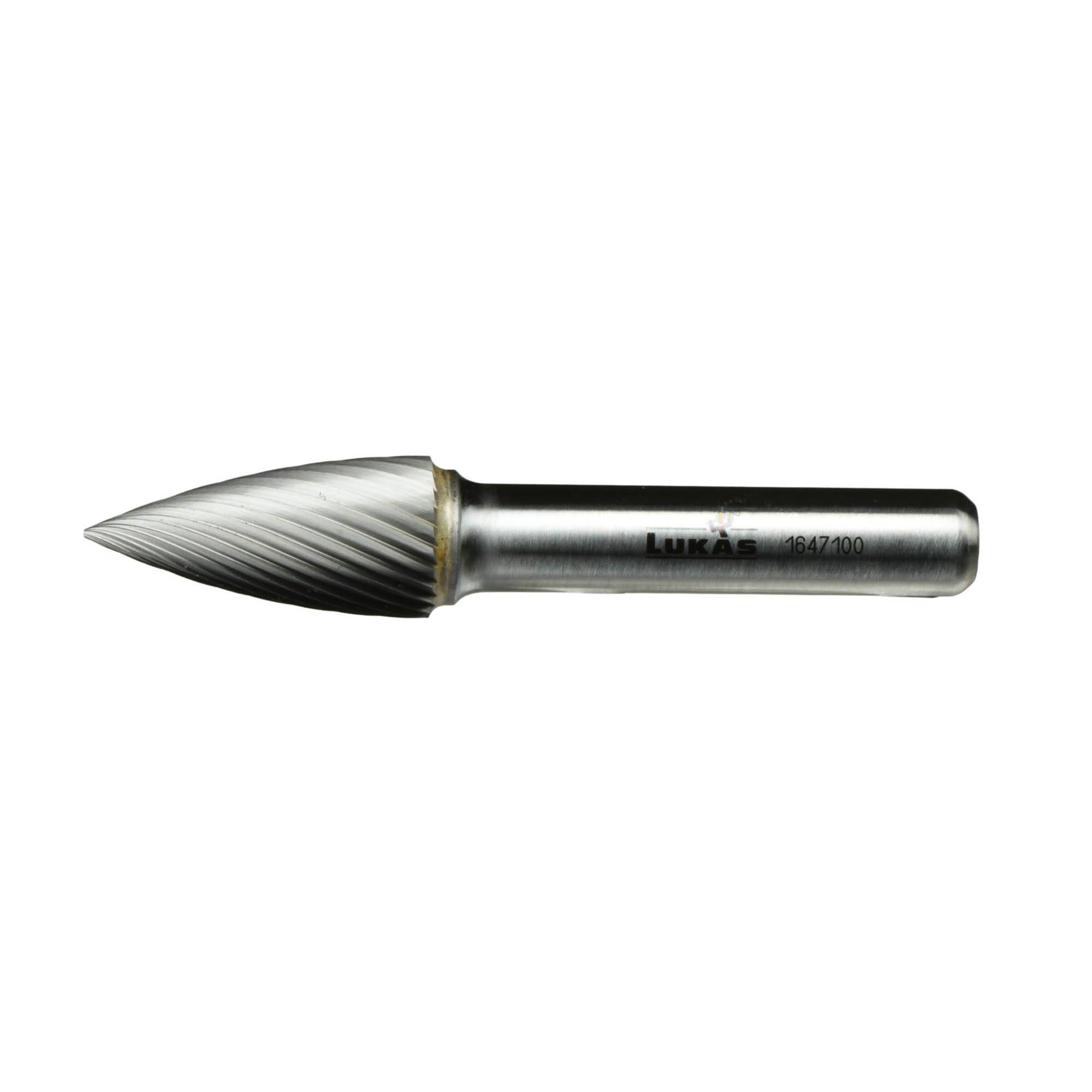 A cylindrical metal tool with a conical, spiral-grooved head, often used for grinding or shaping materials.