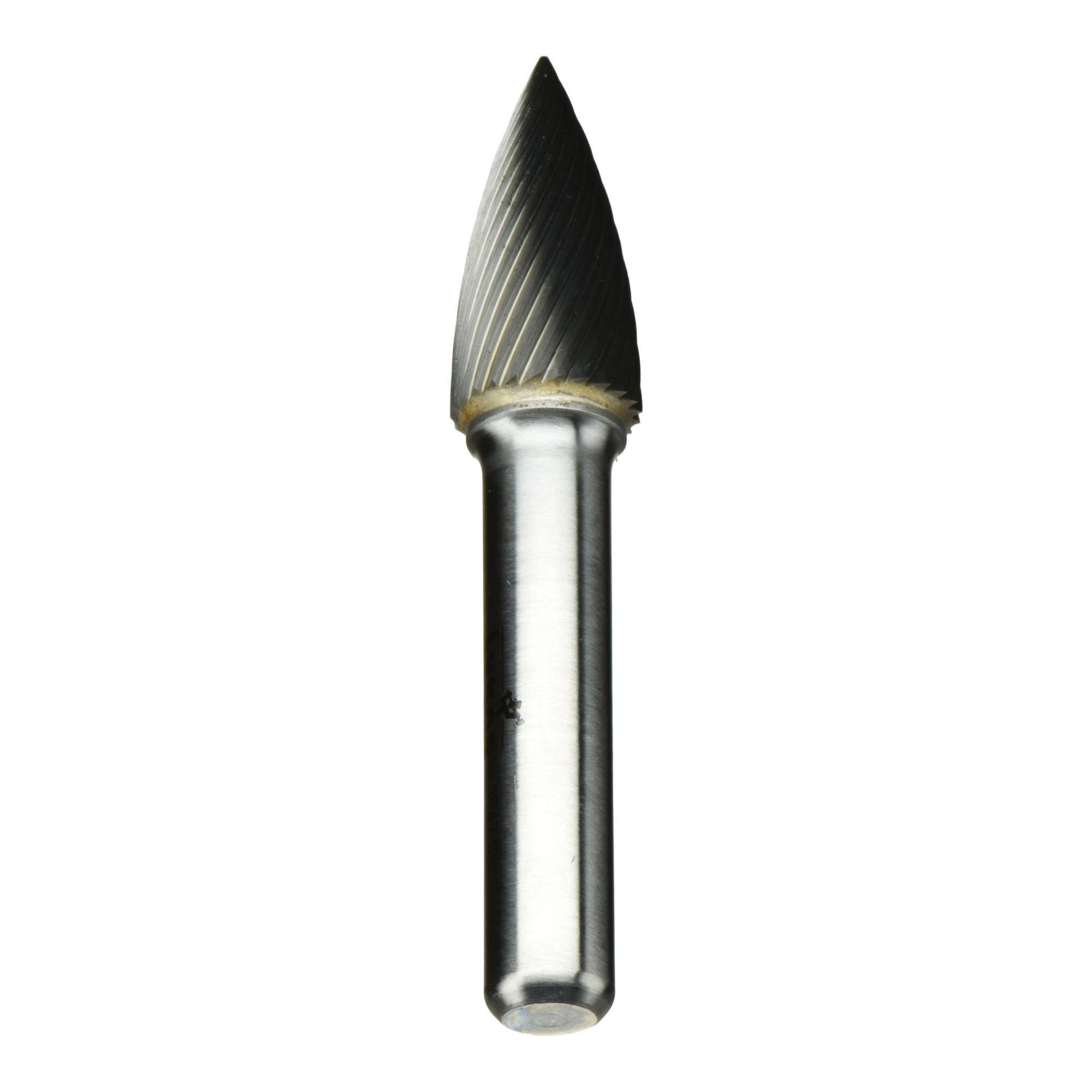 A metal rotary burr tool with a cone-shaped tip and spiral grooves for precision grinding or carving.