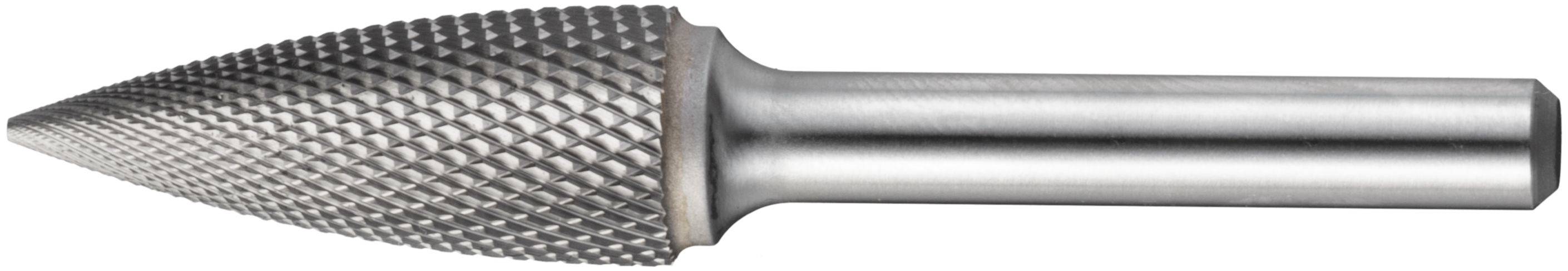 A carbide rotary burr tool with a conical, textured head and a metal shaft, used for shaping and cutting materials in machining.