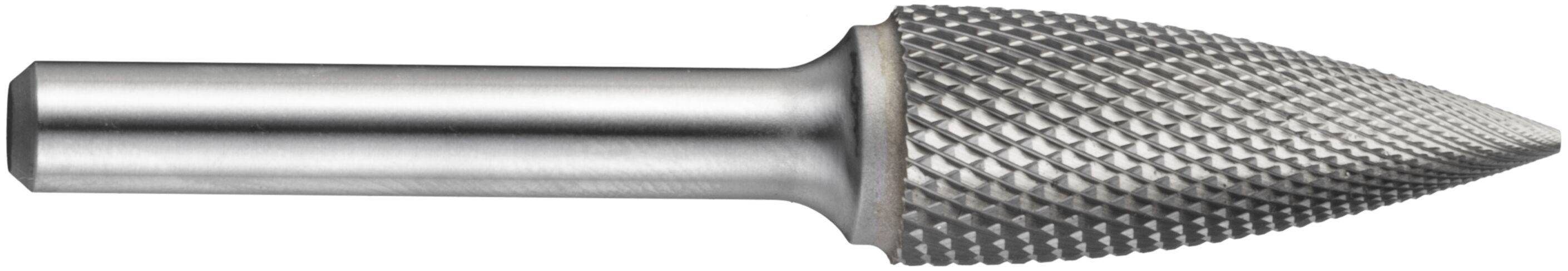 A metal rotary burr tool with a textured, conical head designed for shaping or cutting materials.