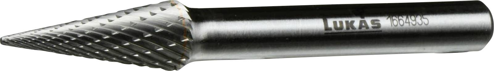 A cone-shaped tungsten carbide rotary burr with a pointed tip, used for grinding, deburring, and shaping materials, labeled 'LUKAS'.