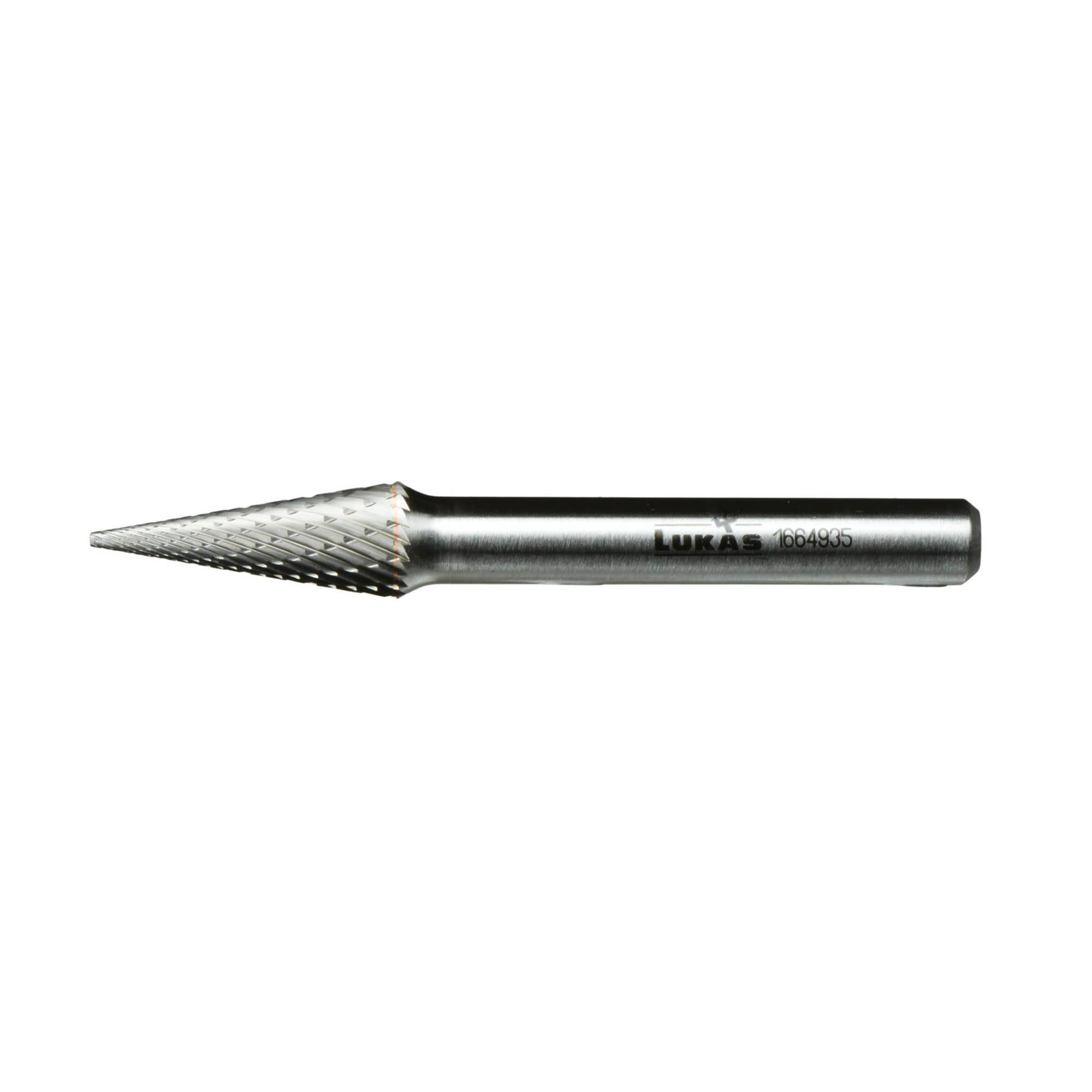 Tapered cylindrical burr tool, metallic, used for precise cutting or shaping materials, isolated on a white background.