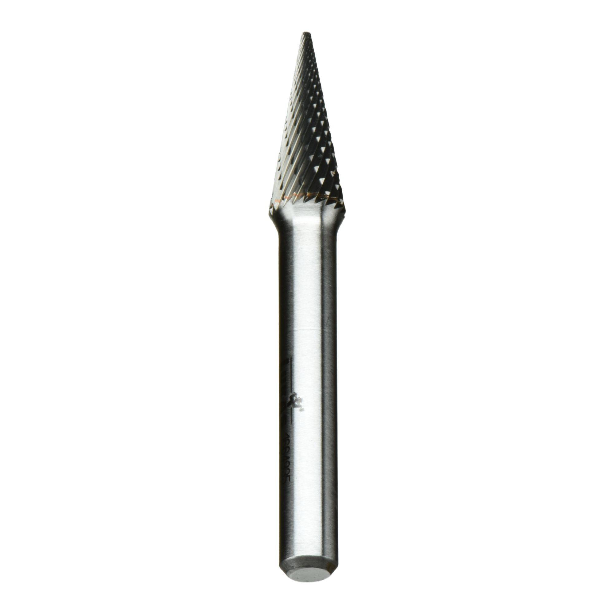 A cone-shaped rotary tool with a textured surface, used for grinding or shaping materials.