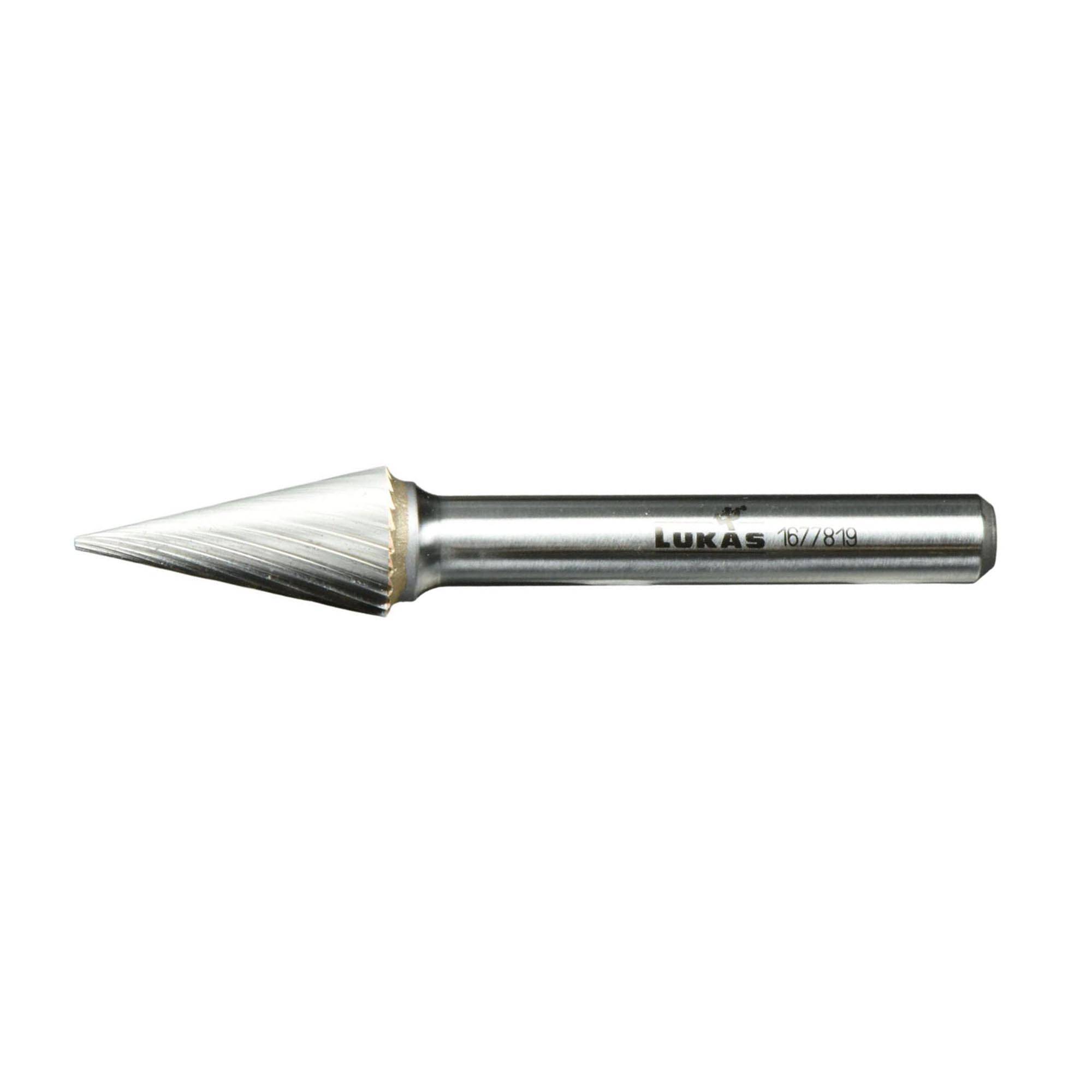 Cylinder-shaped metal tool with a pointed, cone-shaped tip. It has a metallic finish and is inscribed with 'LUKAS'. Used for precision work.