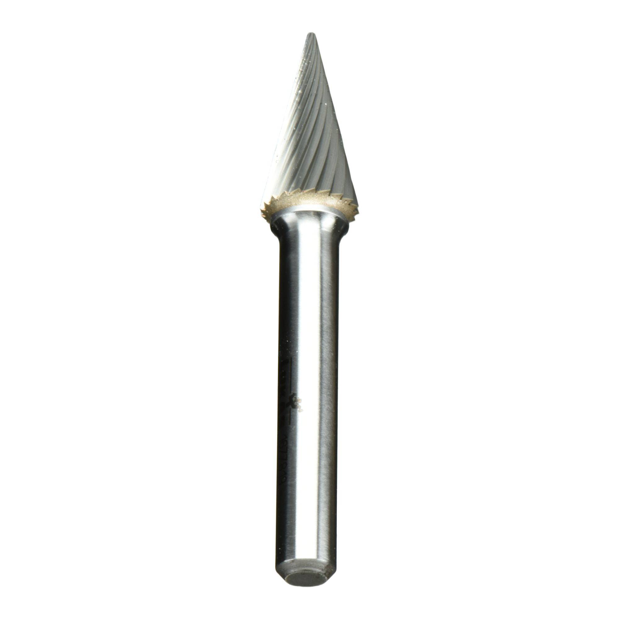 A metal rotary burr with a cone-shaped tip and spiral flutes designed for grinding, deburring, and shaping materials in machining tasks.