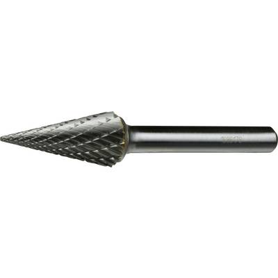 A conical rotary burr tool with a textured metallic surface used for shaping and cutting materials, on a plain background.