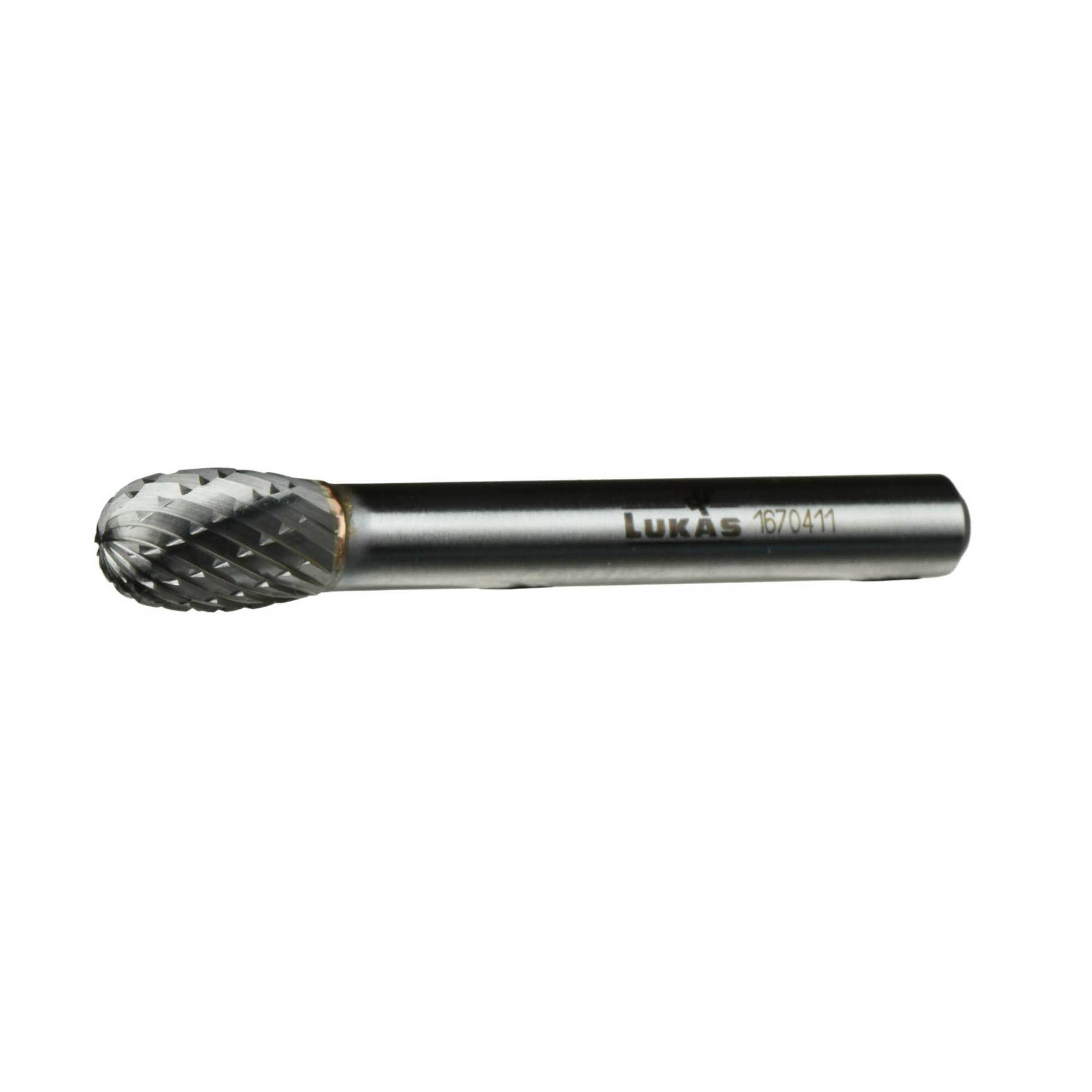 A cylindrical steel rotary burr with a textured cutting head for shaping and grinding materials.