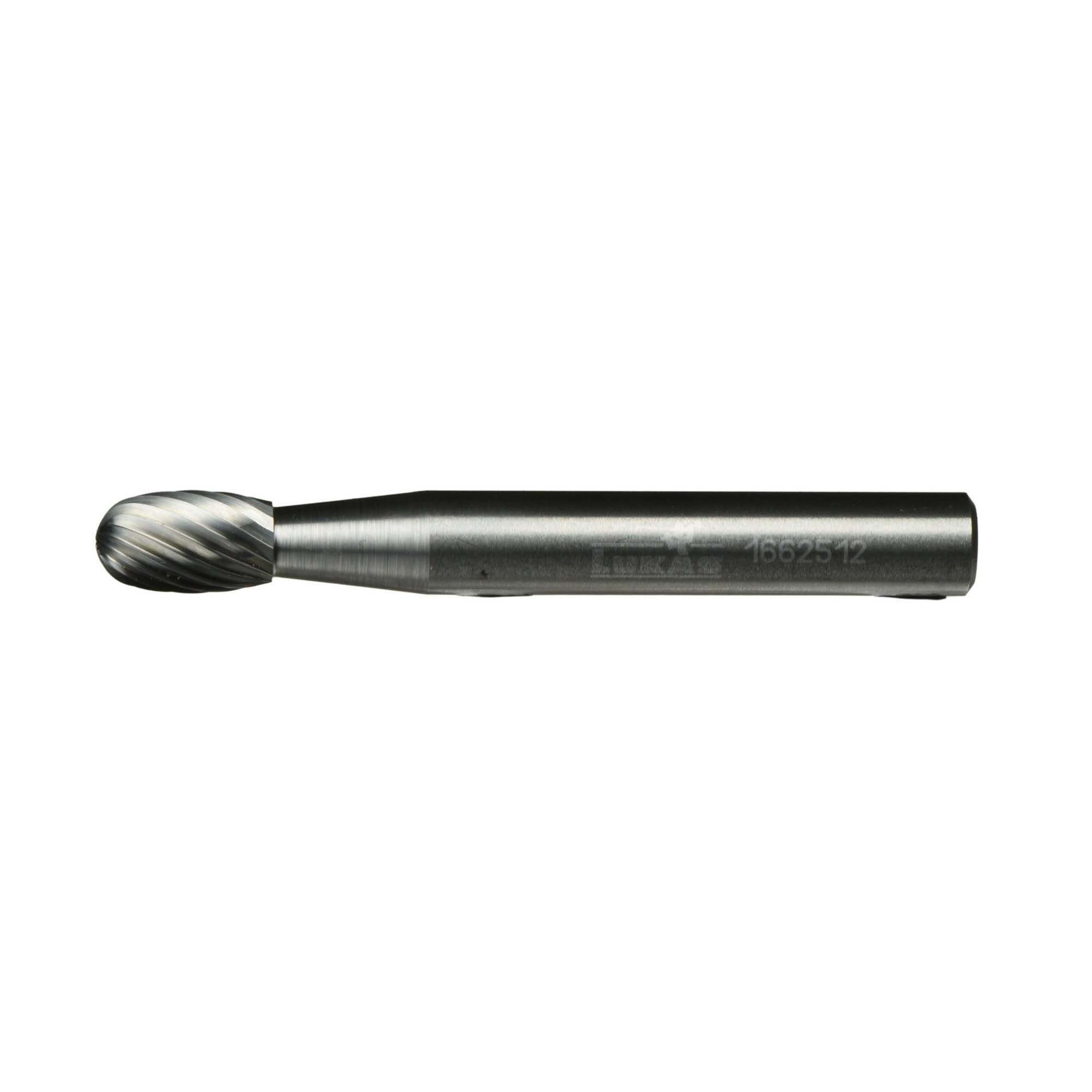 A silver rotary burr tool with a cylindrical shank and rounded fluted tip for shaping and cutting material.