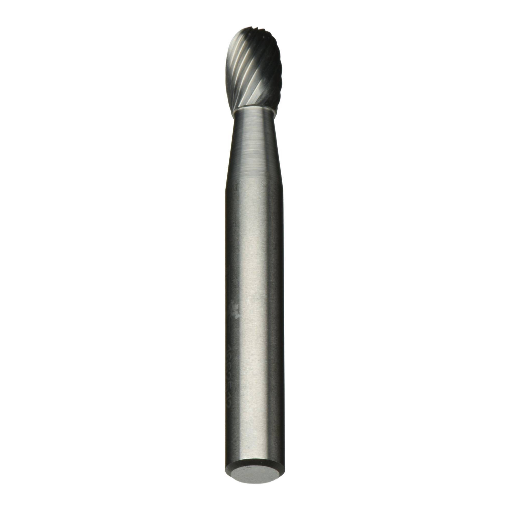 A cylindrical metal rotary file with a tapered, spiral-grooved cutting end, used for precision shaping and grinding in machining.
