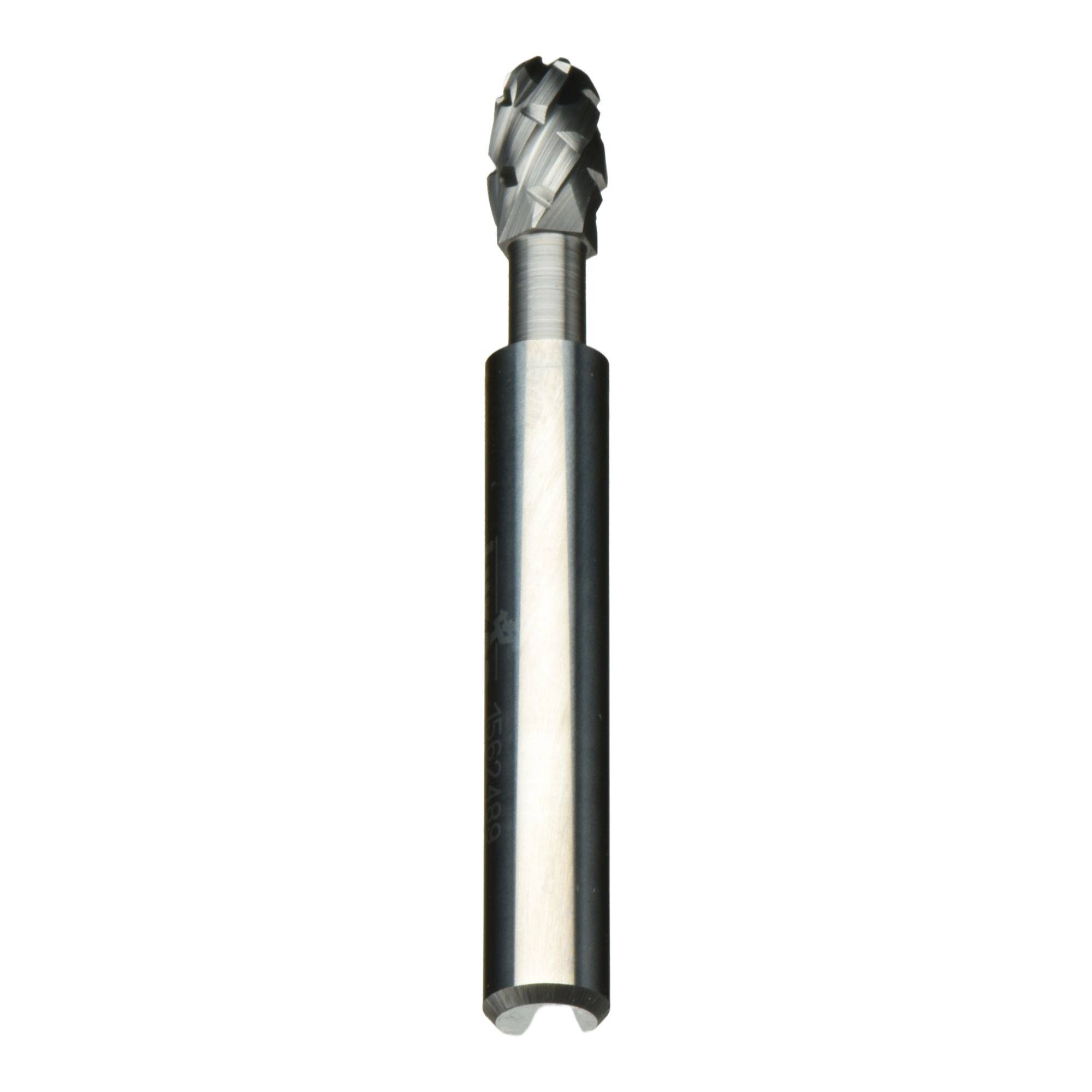 A metal rotary burr tool with a cylindrical shank and a rounded cutting head, used for shaping, grinding, or removing material from surfaces.