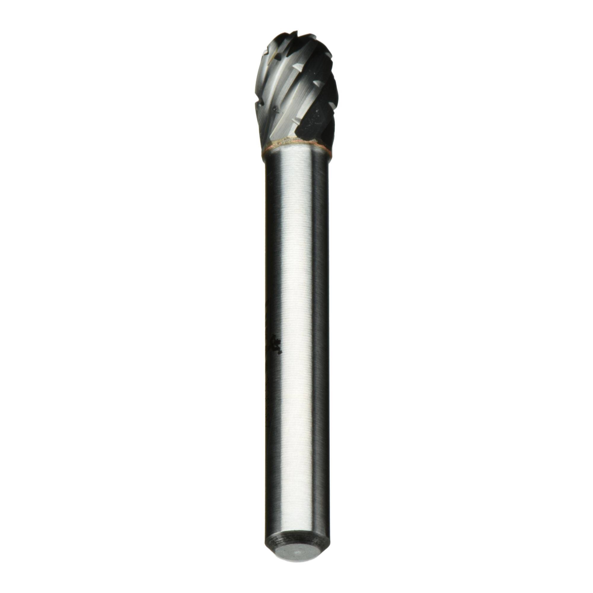 Router bit with a cylindrical shank and a rounded, fluted cutting head designed for wood or metal shaping in construction or crafts.