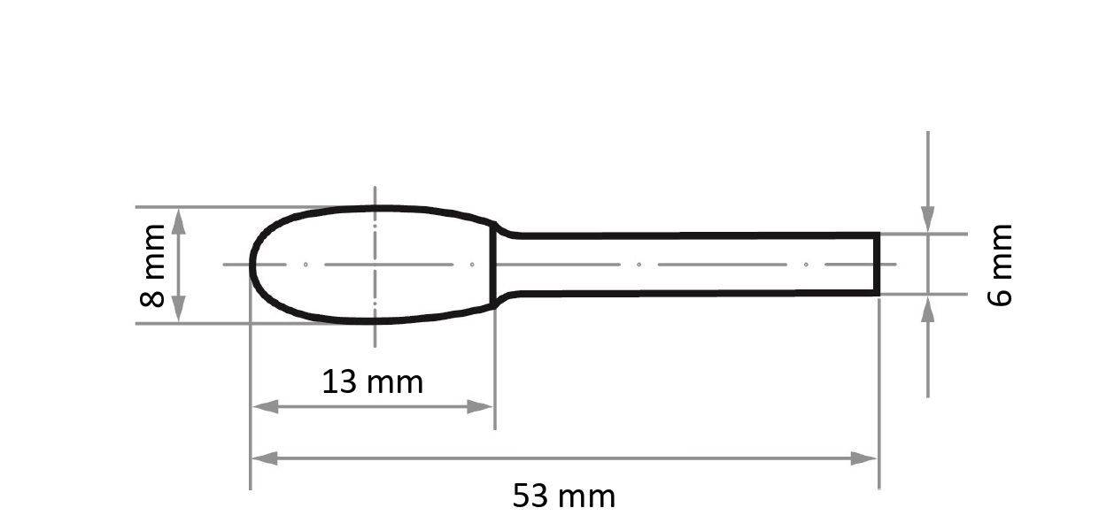 Technical drawing of a spoon-like object with measurements: 8 mm height, 13 mm width, 53 mm length, and 6 mm handle width.