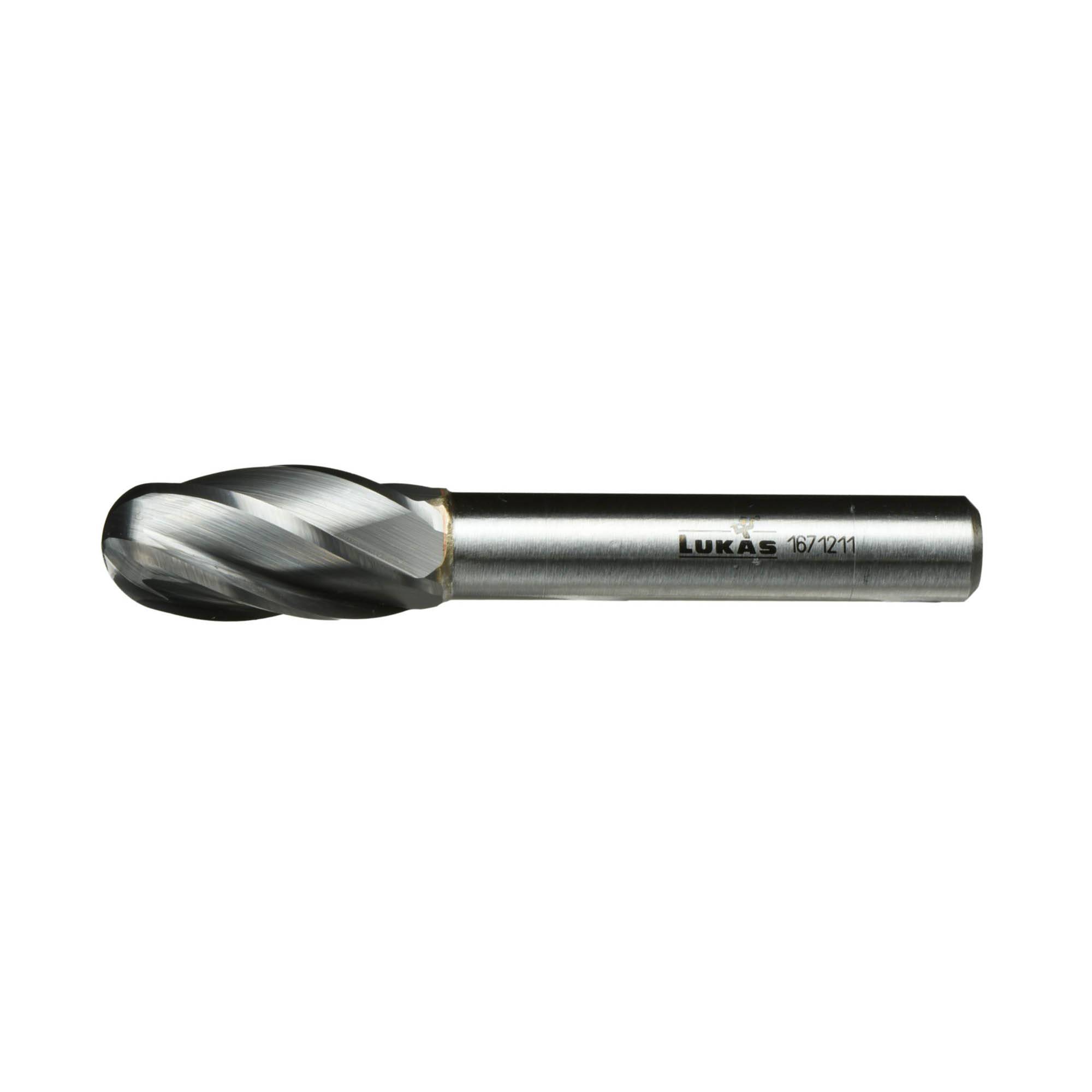 A metal carving or milling tool with a spiraled cutting head and a cylindrical shaft, engraved with 'LUKAS' and numerical markings.