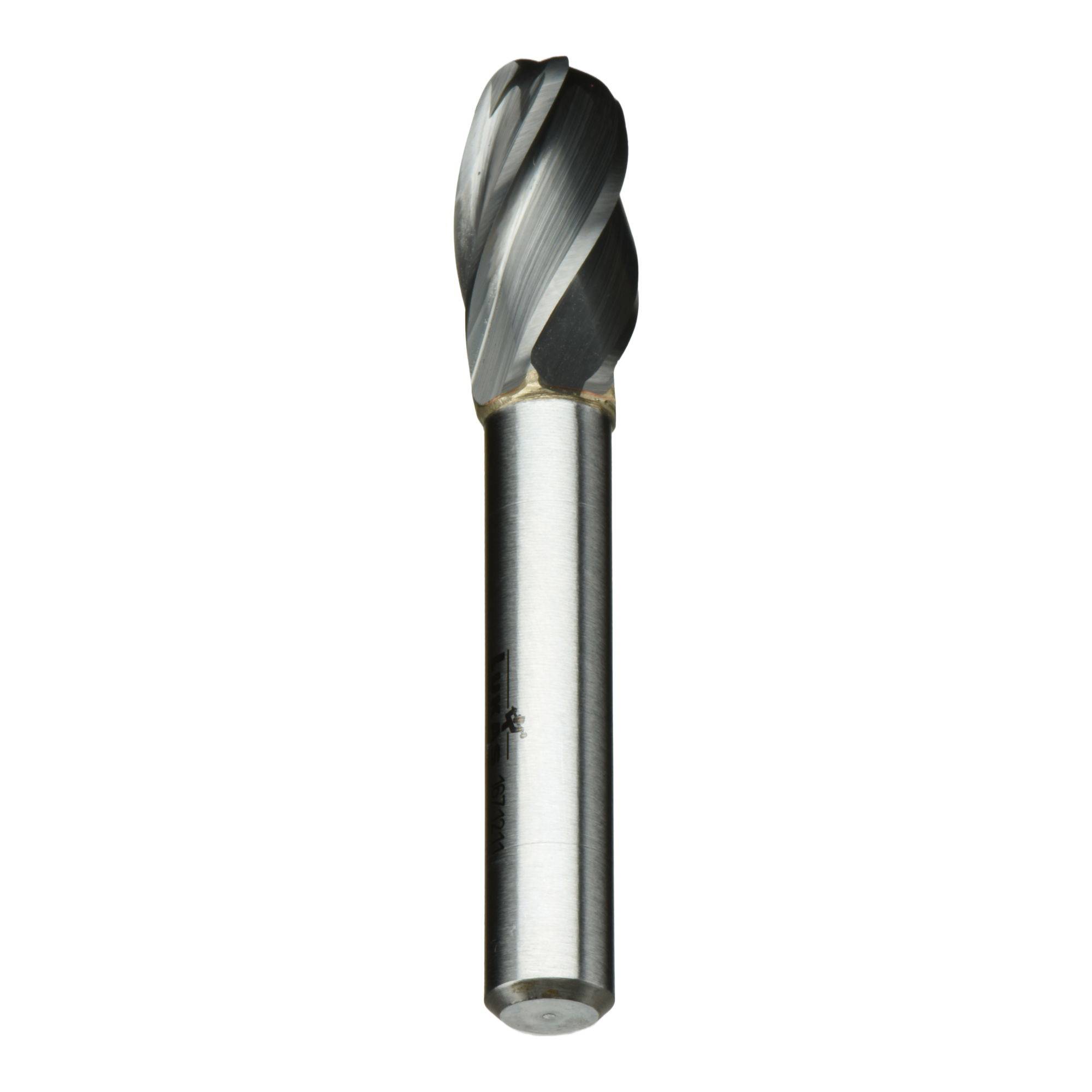 A cylindrical metal milling cutter with spiral blades used for shaping or cutting hard materials like metal or wood.