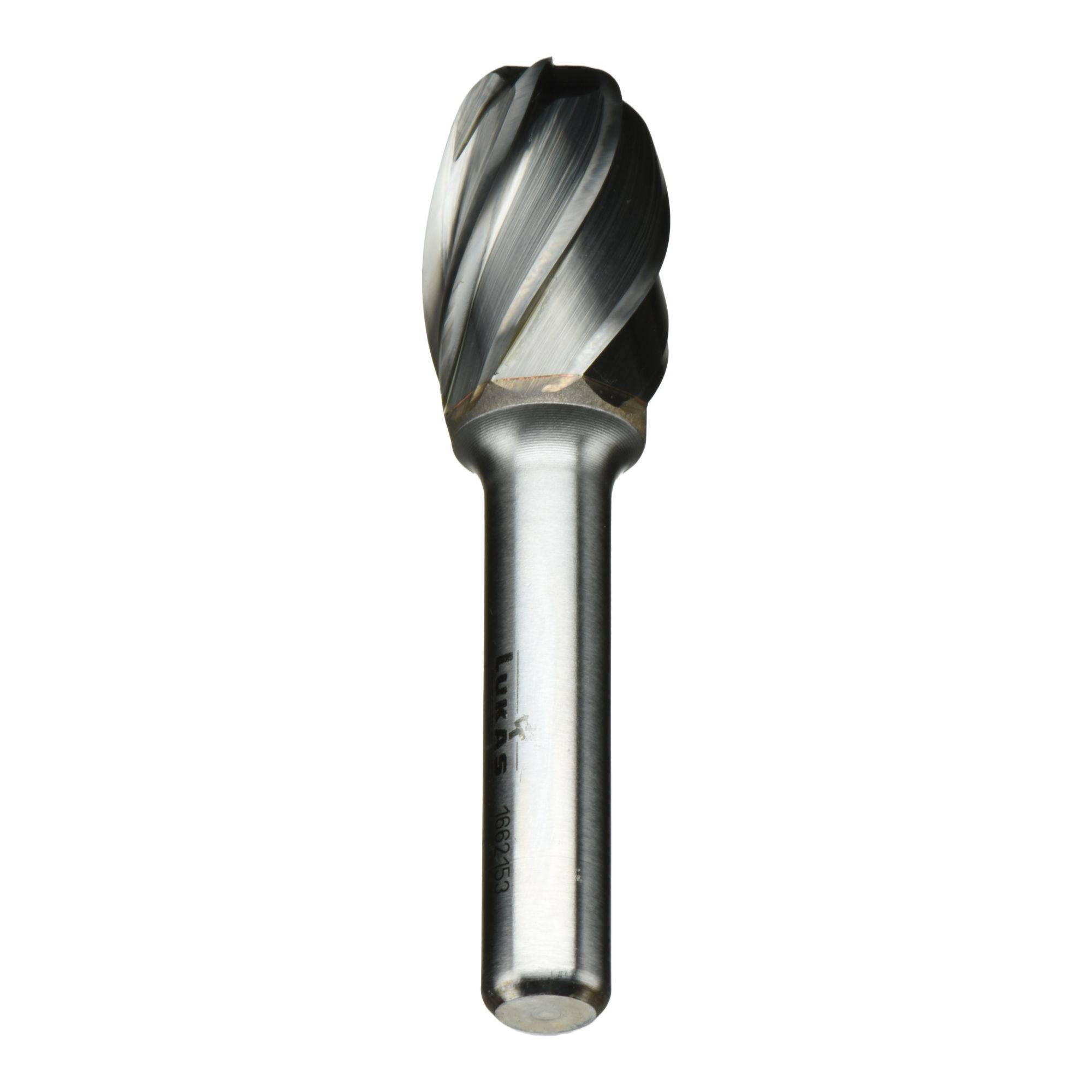 A cylindrical rotary burr with a spiral fluted head and smooth shank, commonly used for shaping or enlarging holes in metal or wood.