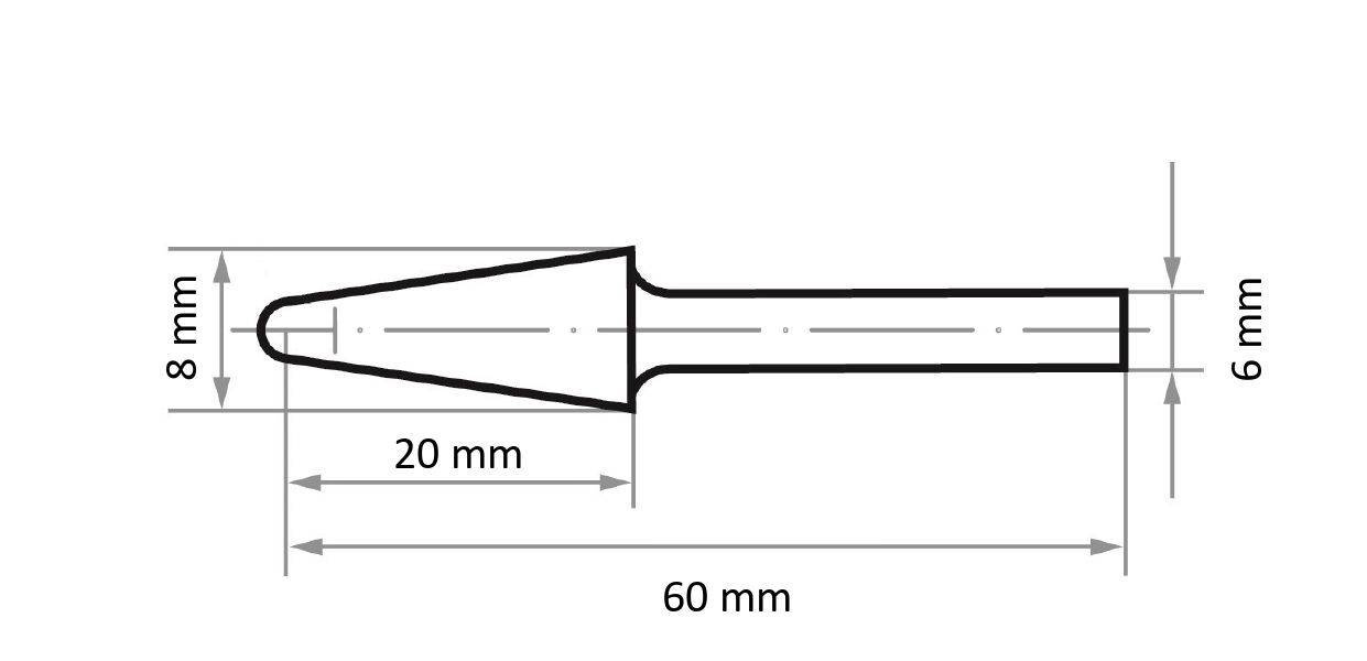 A technical drawing of a cylindrical object with a pointed tip. Length is 60 mm; tip is 20 mm by 8 mm; cylindrical base is 6 mm wide.