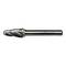 A close-up of a metal drill bit with a spiral design, used for cutting and shaping materials. The shaft is straight and cylindrical.