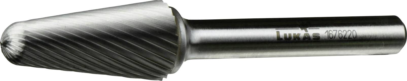 A cylindrical metal rotary file with a conical cutting head featuring spiral grooves, used for shaping materials in machining tasks.