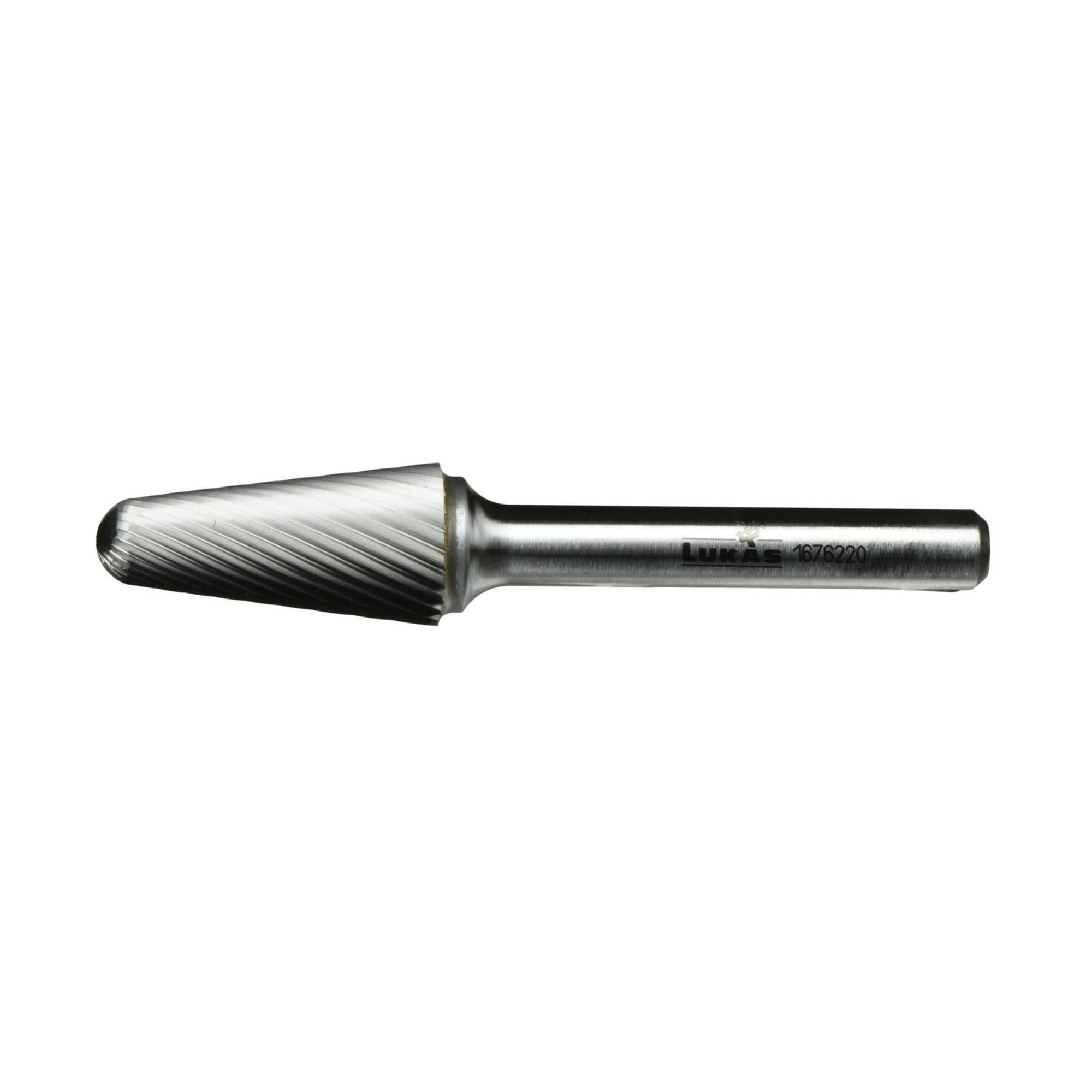 A conical rotary burr tool with spiral grooves, commonly used for precision shaping, grinding, and cutting in metalworking.