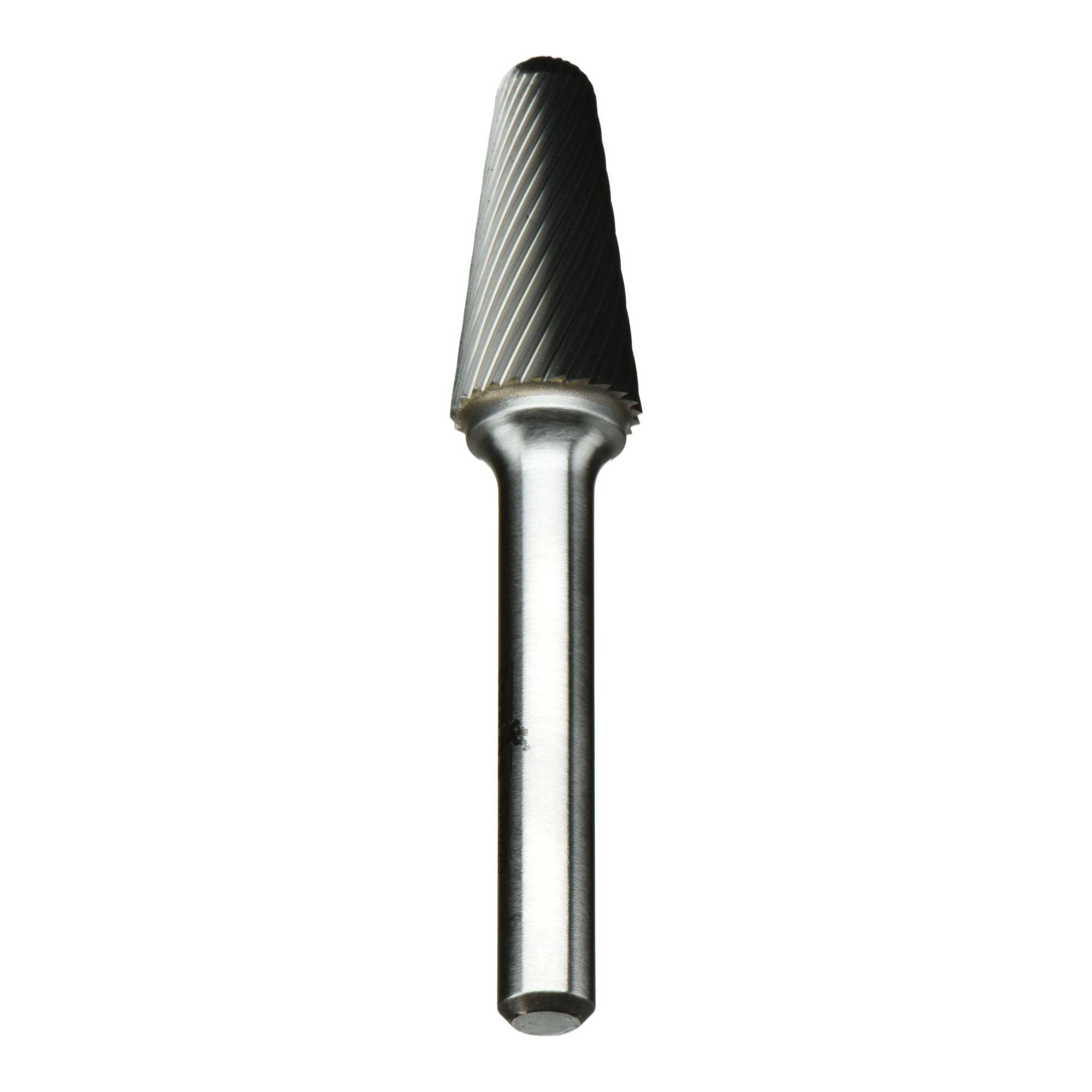 A tapered, conical-shaped metal rotary tool bit with grooved cutting edges, used for grinding and shaping materials.