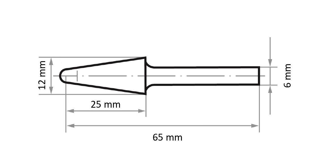 A technical diagram of a tapered object with a rounded tip: 12 mm tall, 25 mm long tip, and 65 mm total length. Diameter at the base is 6 mm.