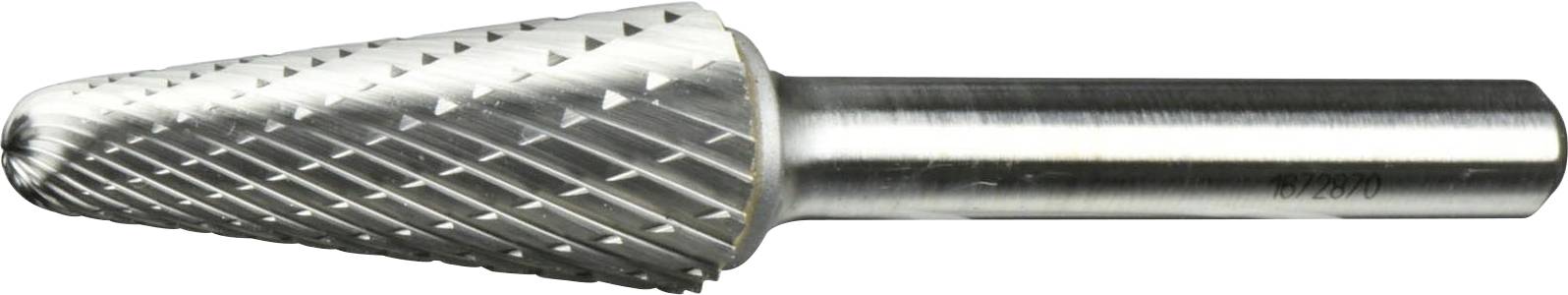 Conical grinding tool with a silver metallic finish, featuring a textured surface of crisscrossed grooves, designed for material shaping.