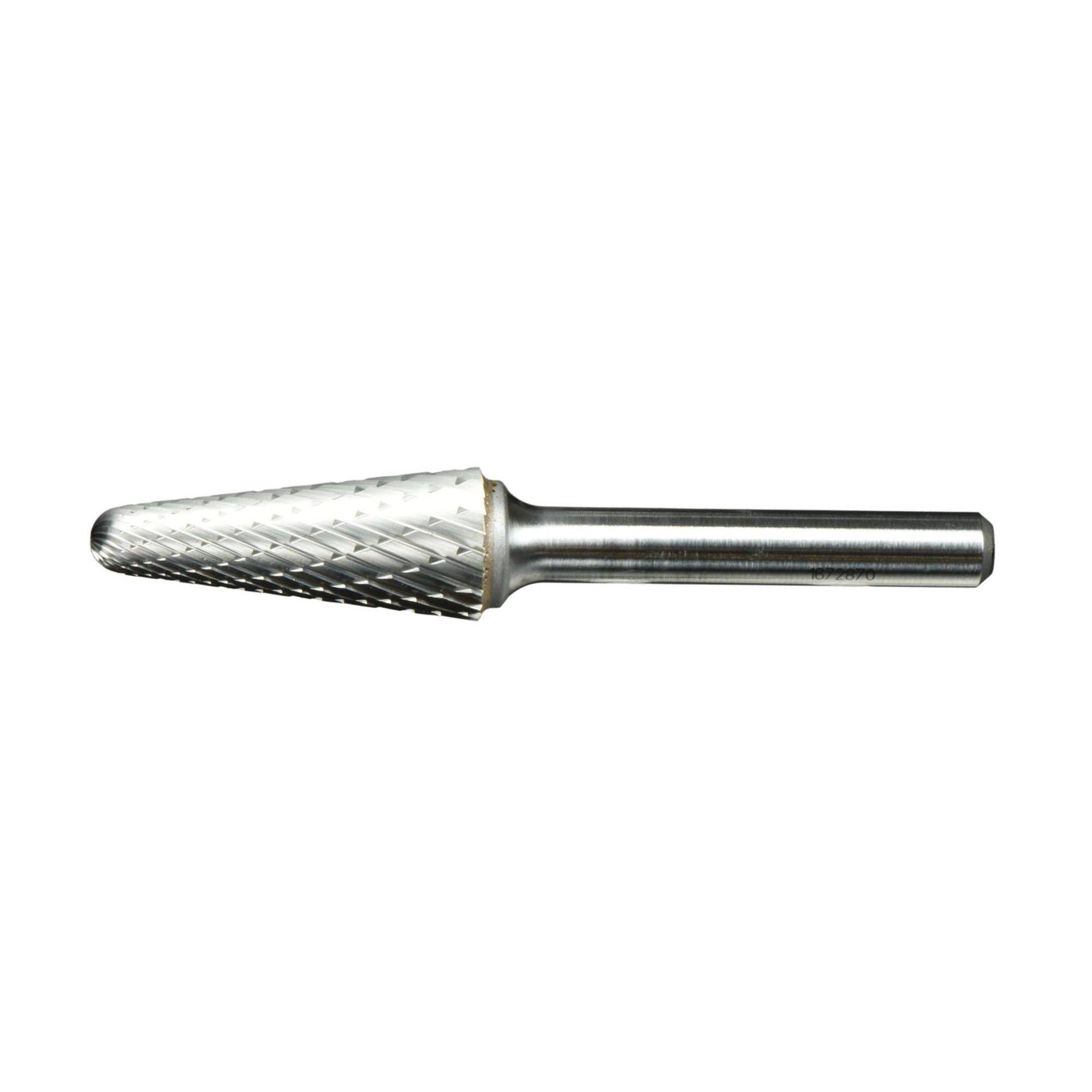 Carbide rotary burr with a conical shape and pointed tip, used for metalworking and smoothing surfaces.