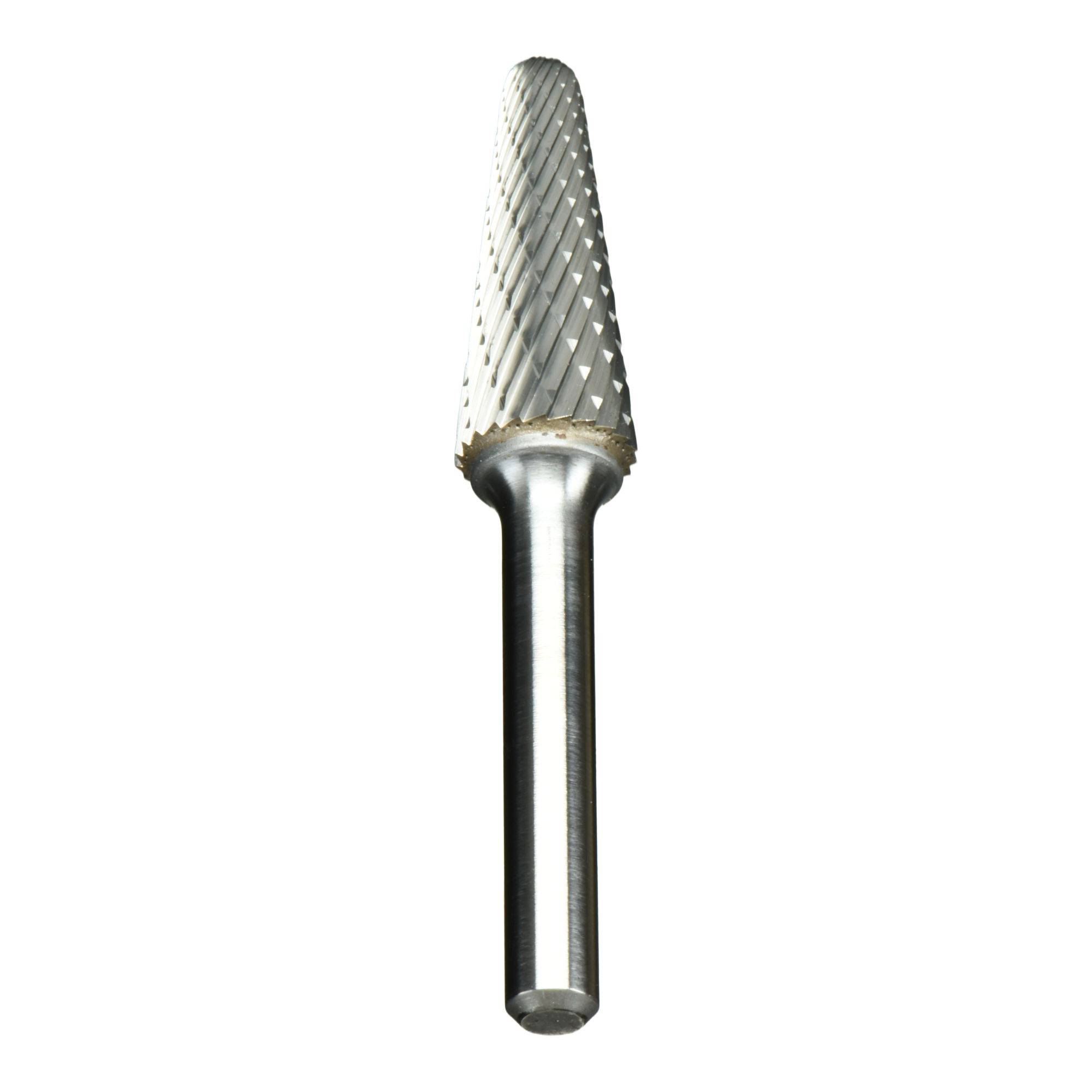 A rotary cutting tool with a tapered, textured head and smooth metal shank, used for shaping materials in industrial settings.