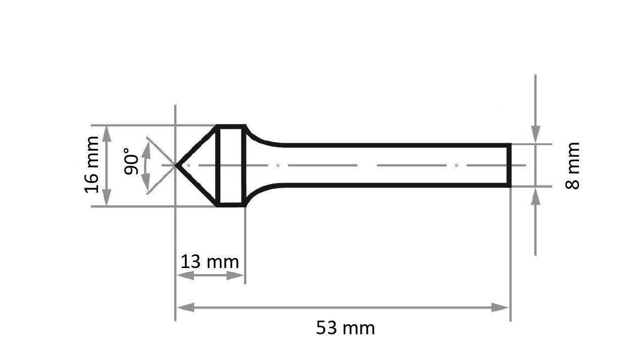 A technical drawing of a cylindrical tool with a pointed tip, 16mm wide, 8mm diameter, 53mm long, with a 90-degree angle at the tip.