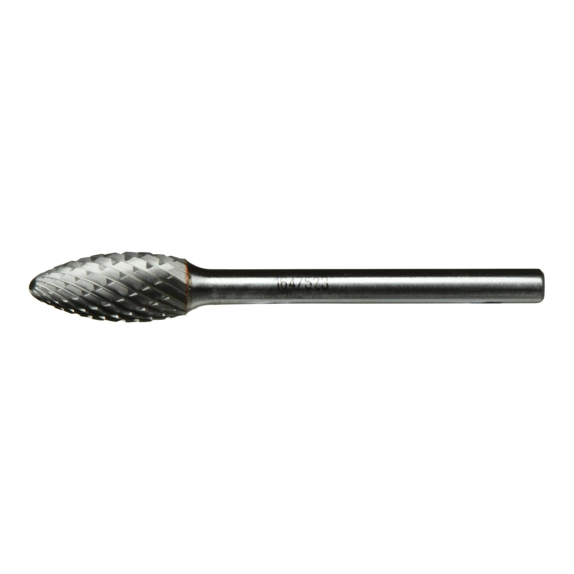 A tapered carbide rotary burr with a textured, cylindrical shank, designed for metalworking and material shaping.