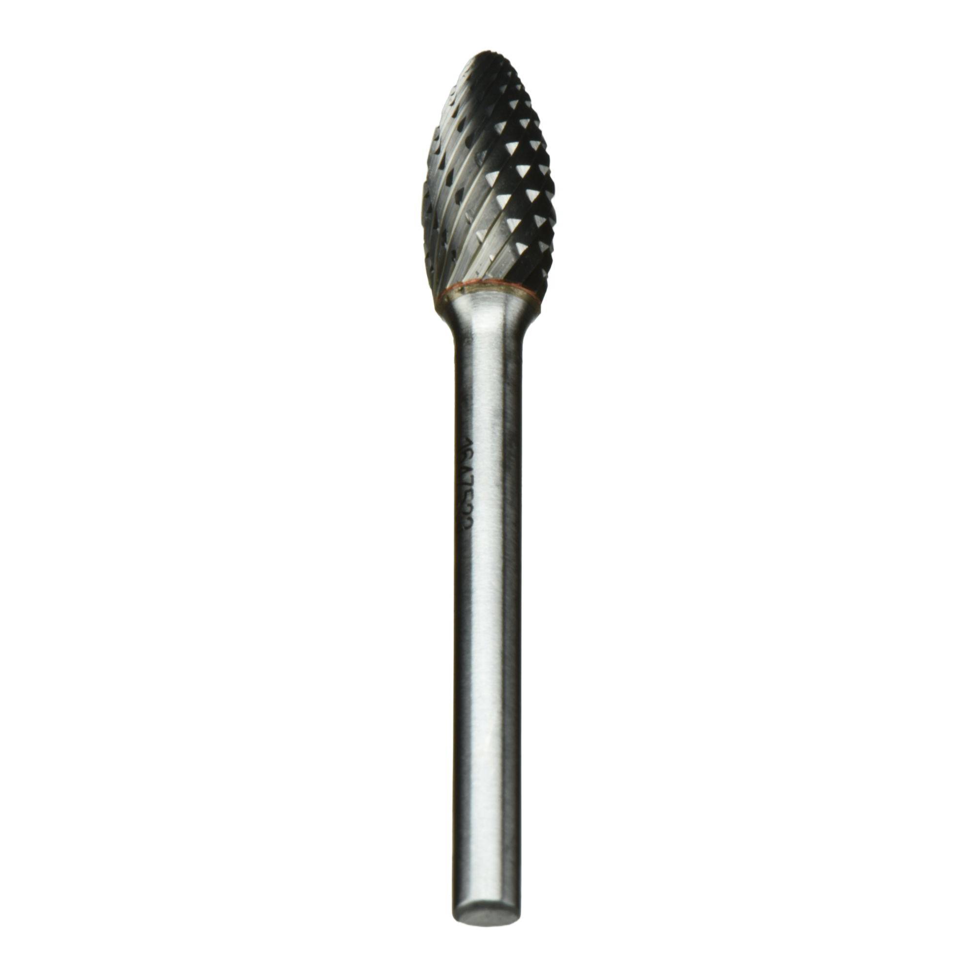 Carbide bur tool with a pointed, textured head and smooth metal shaft, used for grinding, shaping, or cutting hard materials.