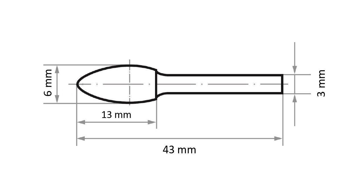 Drawing of a bullet-shaped object with labeled dimensions: length 43 mm, width at widest point 6 mm, narrower end 3 mm, and 13 mm from tip to widest point.