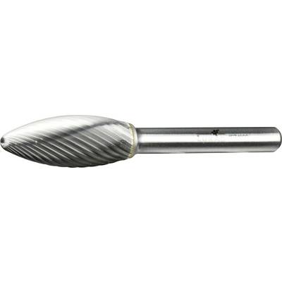 A metal rotary burr with a silver, teardrop-shaped head and a cylindrical shank, used for precision cutting, grinding, and carving.