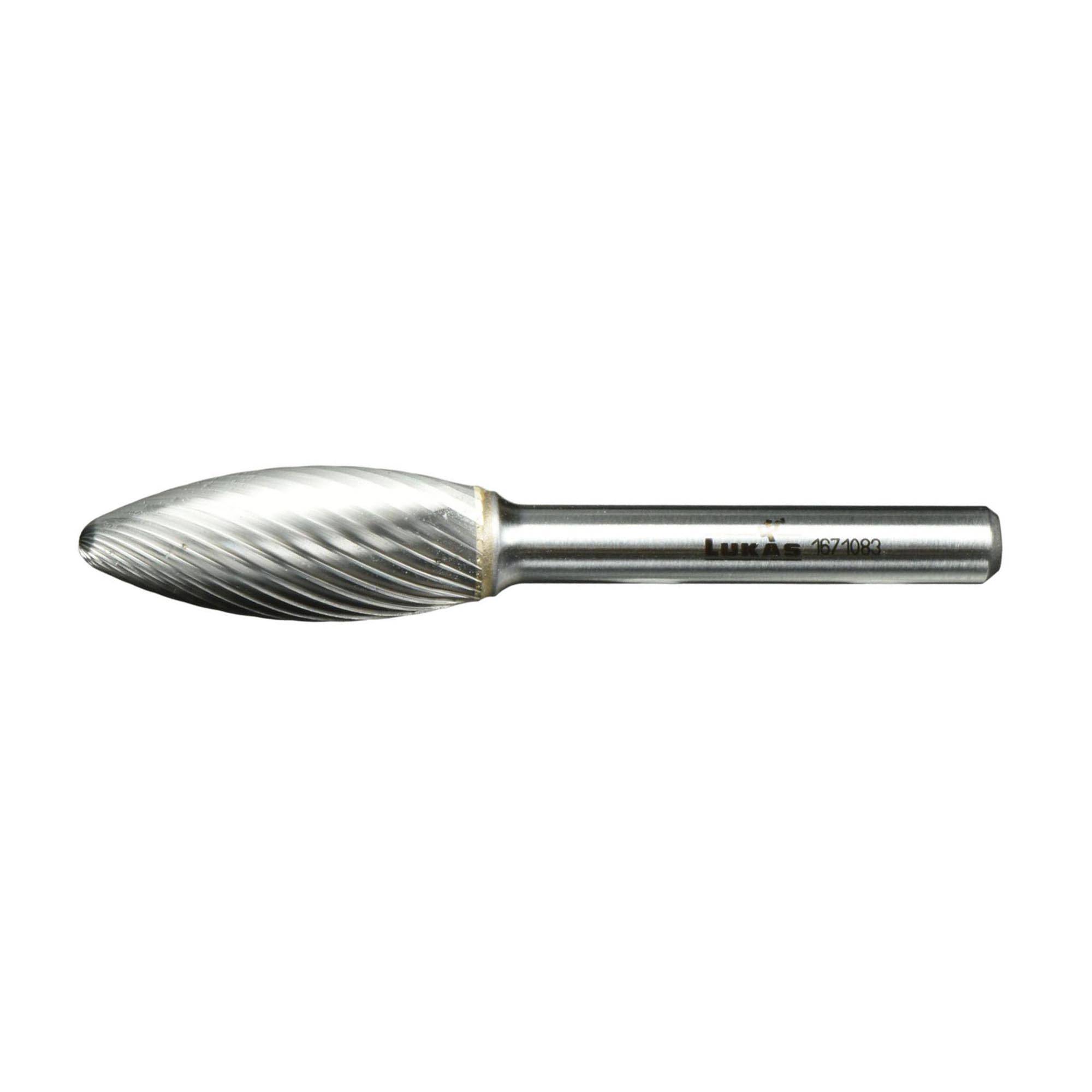 A metallic rotary burr tool with a tapered, conical head and spiral flutes, used for precision cutting and shaping of various materials.