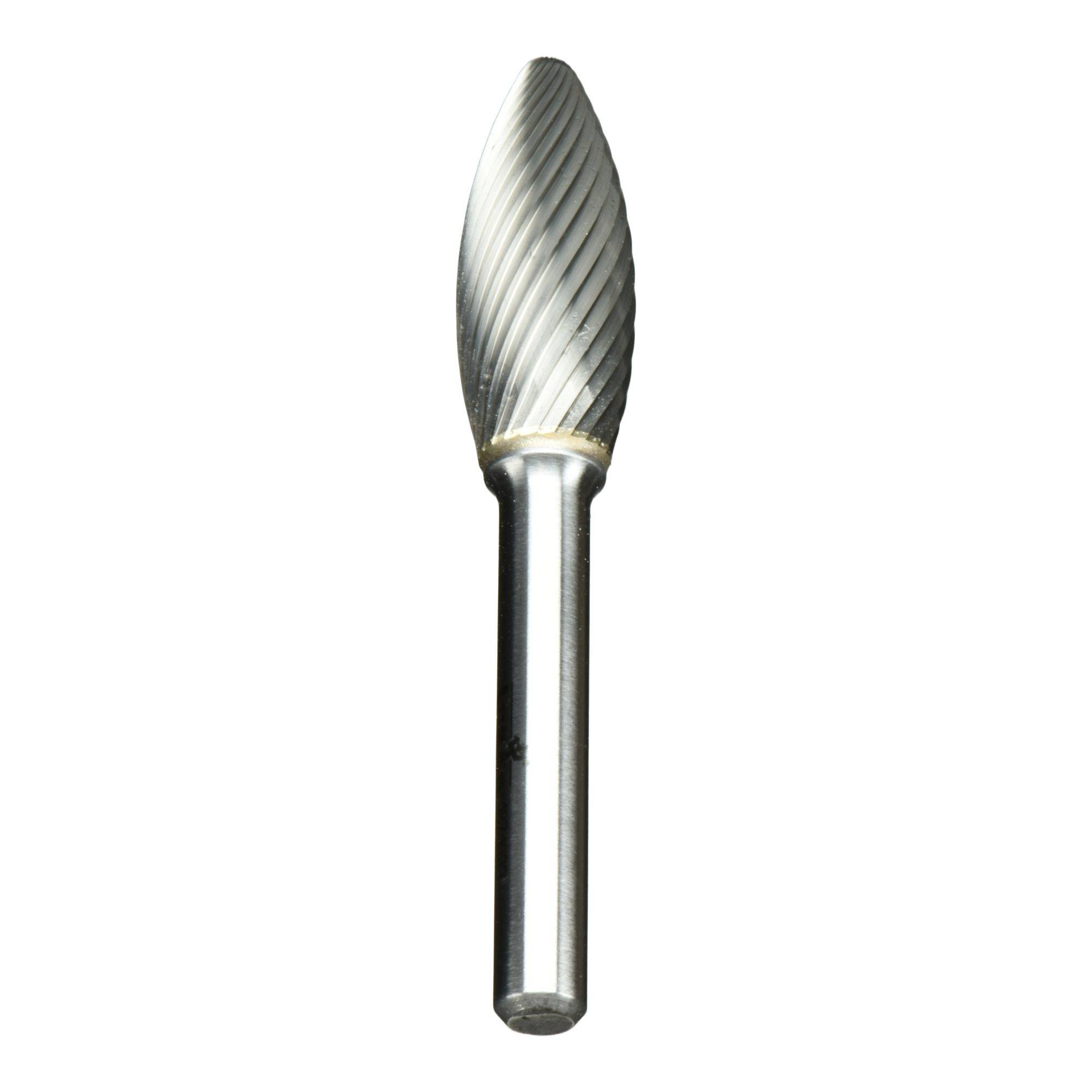 A silver rotary burr tool with a tapered fluted head and a cylindrical shank, used for material shaping or removal in metalworking.