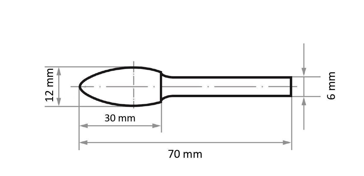 Technical diagram of a bullet-shaped object. Total length is 70 mm, with a maximum width of 12 mm at the head and 6 mm at the base.