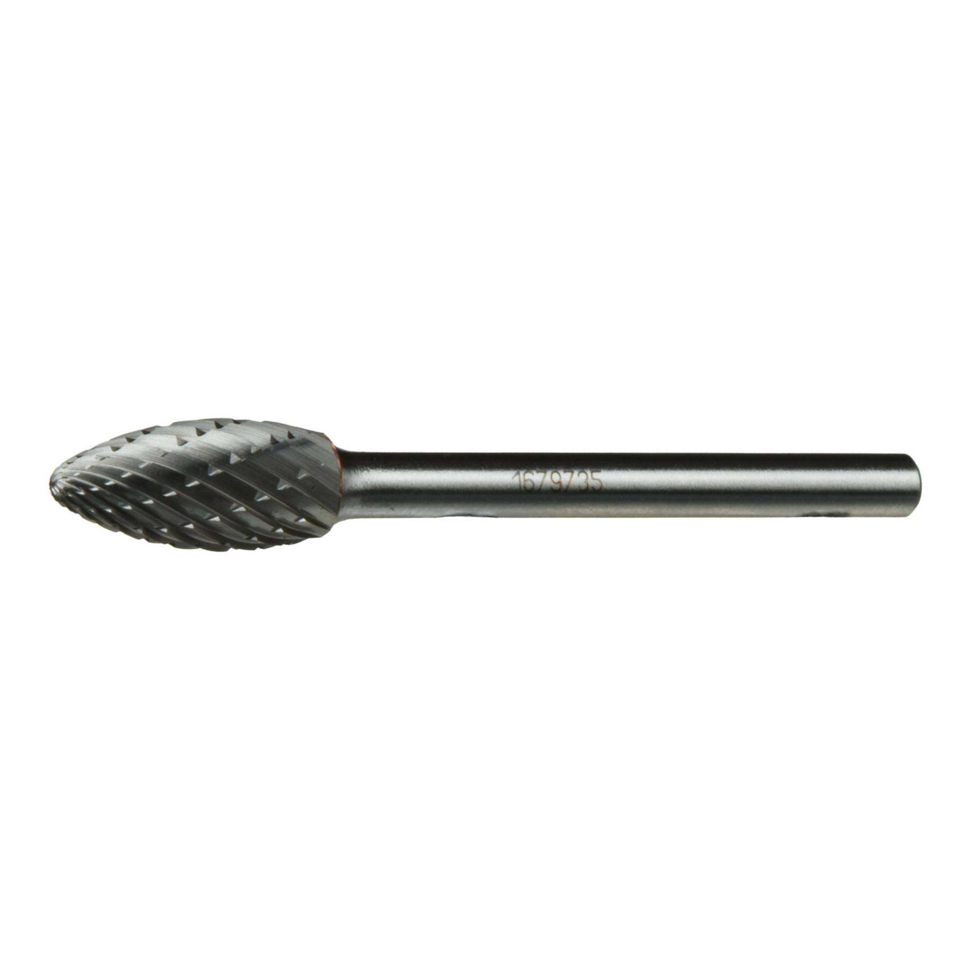 A cylindrical rotary burr tool with a textured, tapered cutting head and smooth shank, typically used for shaping and detailing materials.